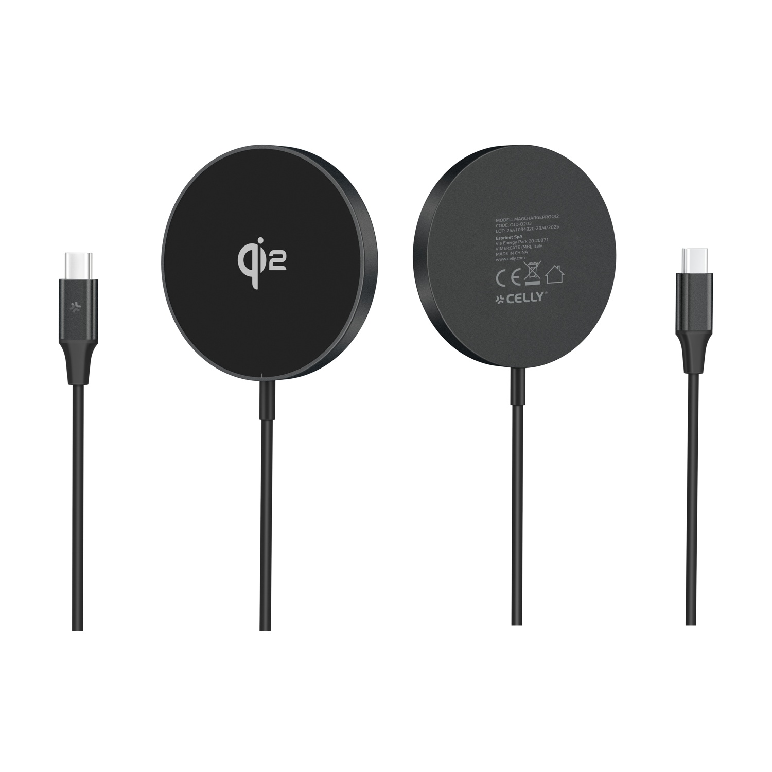 Due caricatori Qi neri con cavi USB-C, uno mostra il logo, l'altro dettagli tecnici.