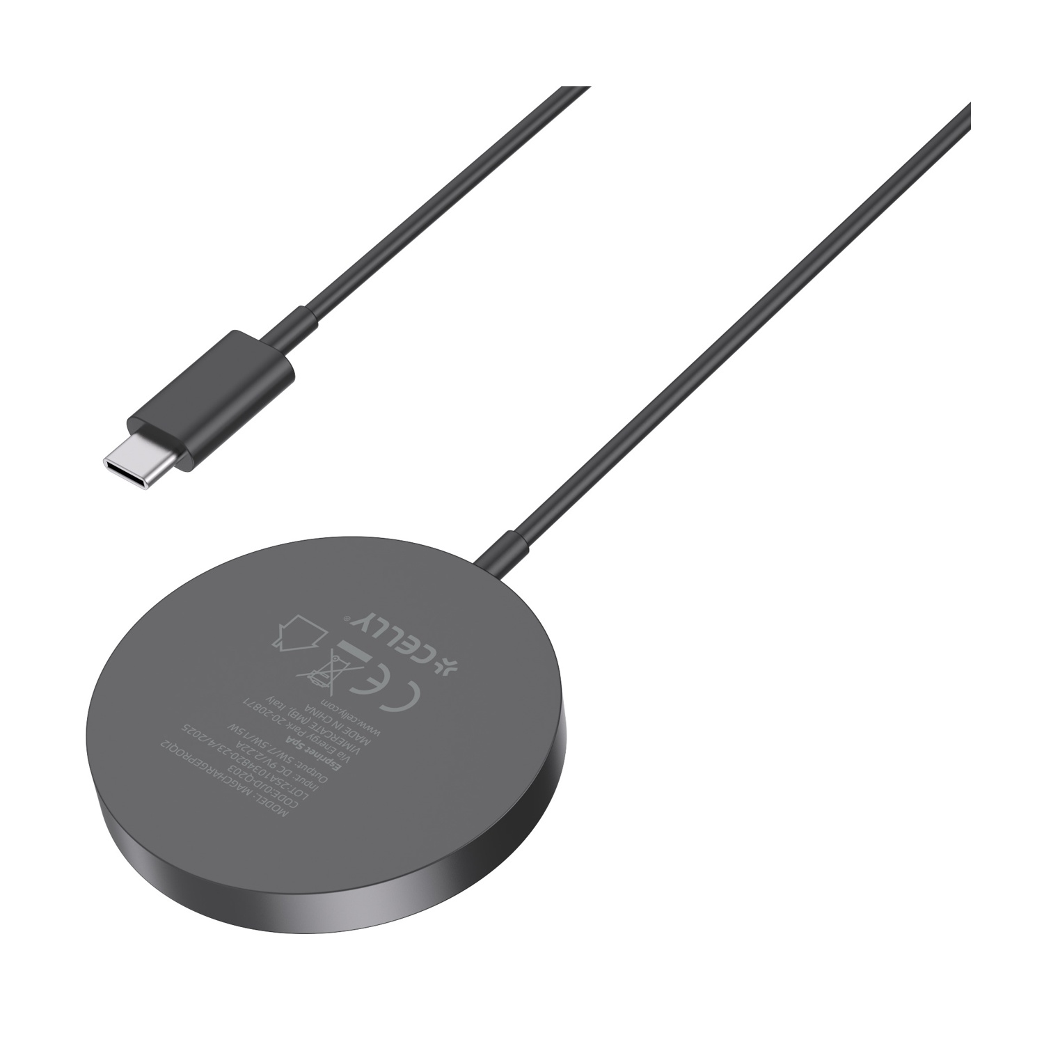 Un caricabatterie wireless grigio scuro con cavo USB-C su sfondo bianco.