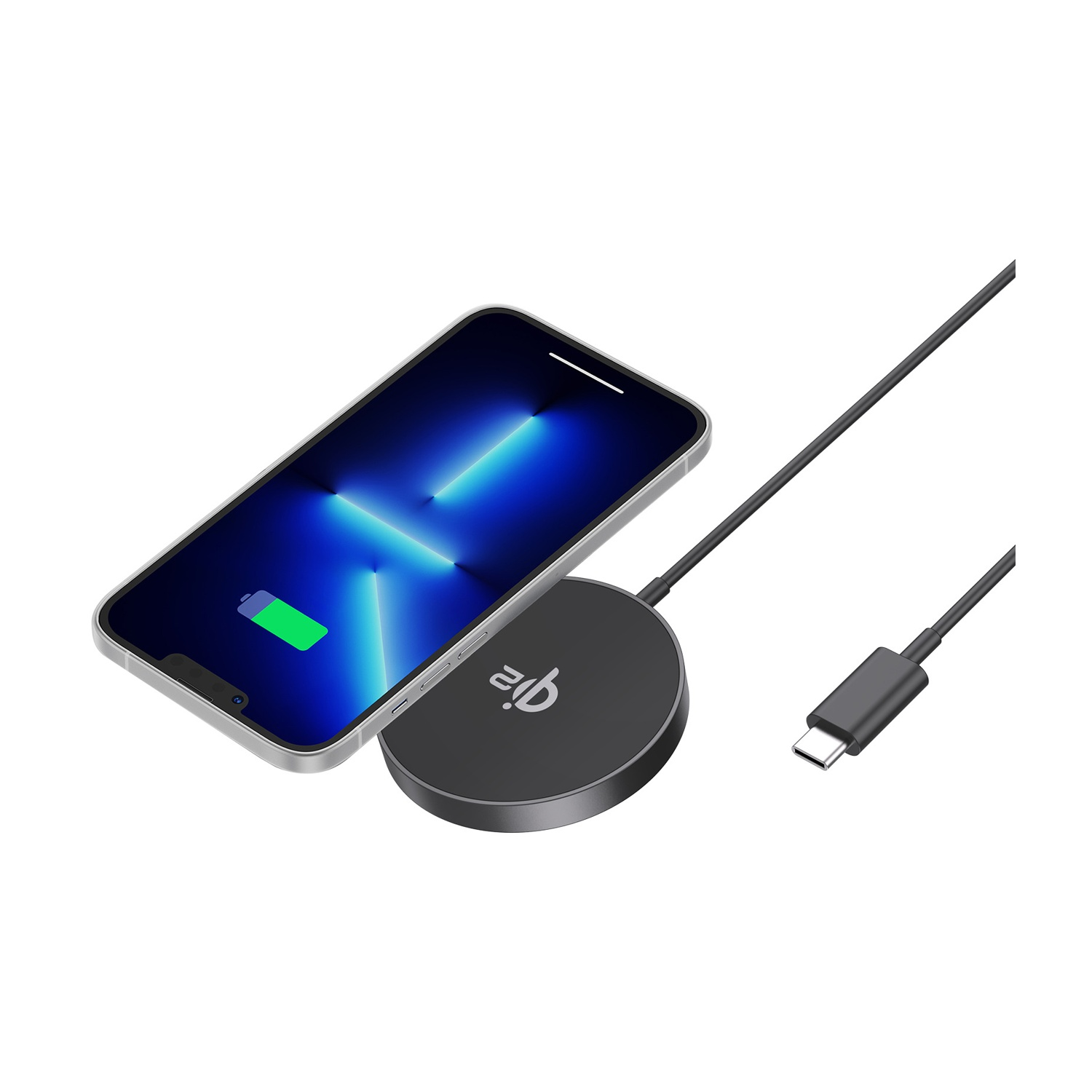 Uno smartphone si ricarica su un caricabatterie wireless Qi nero con cavo USB-C.