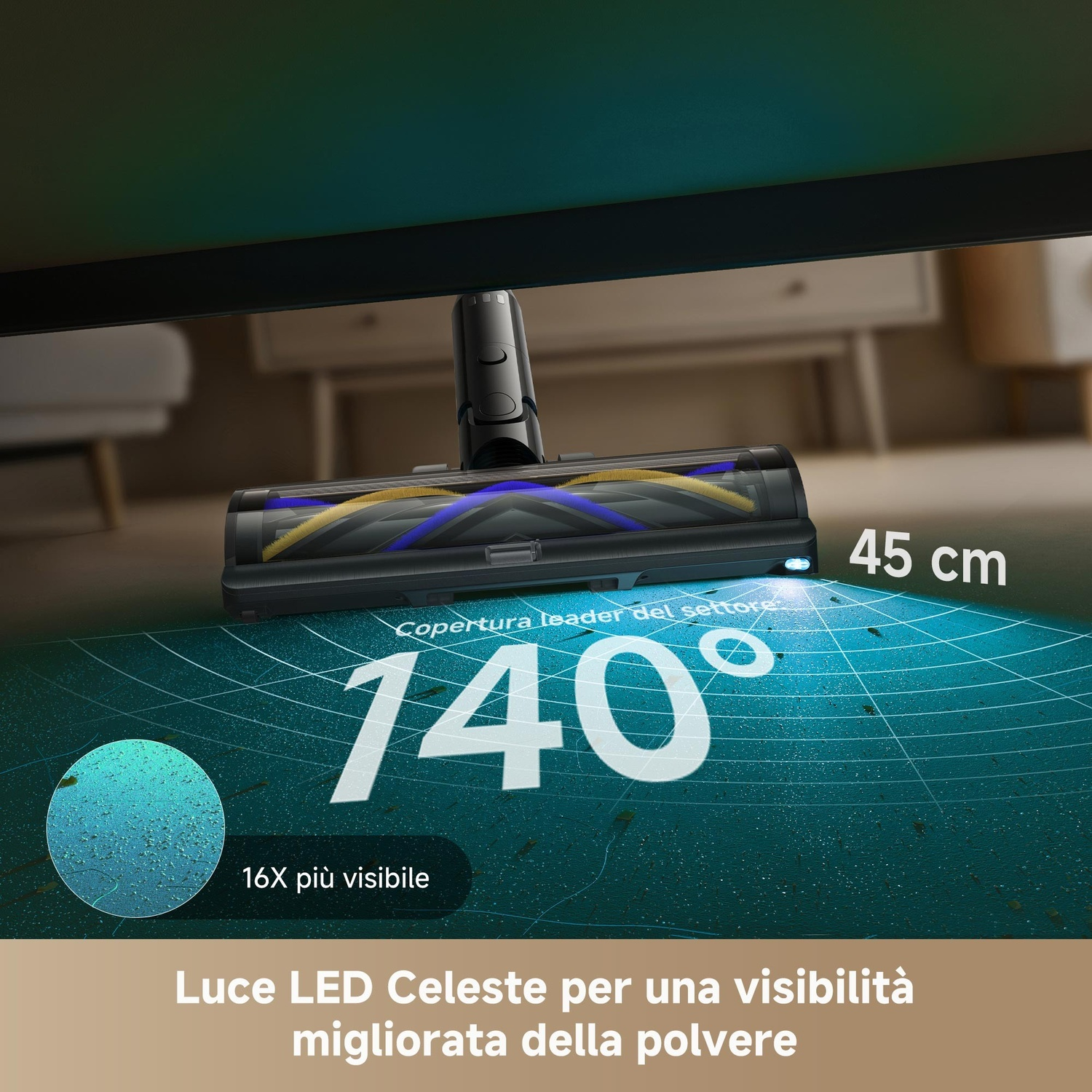 Testina aspirapolvere con luce LED blu illumina polvere per 140°.