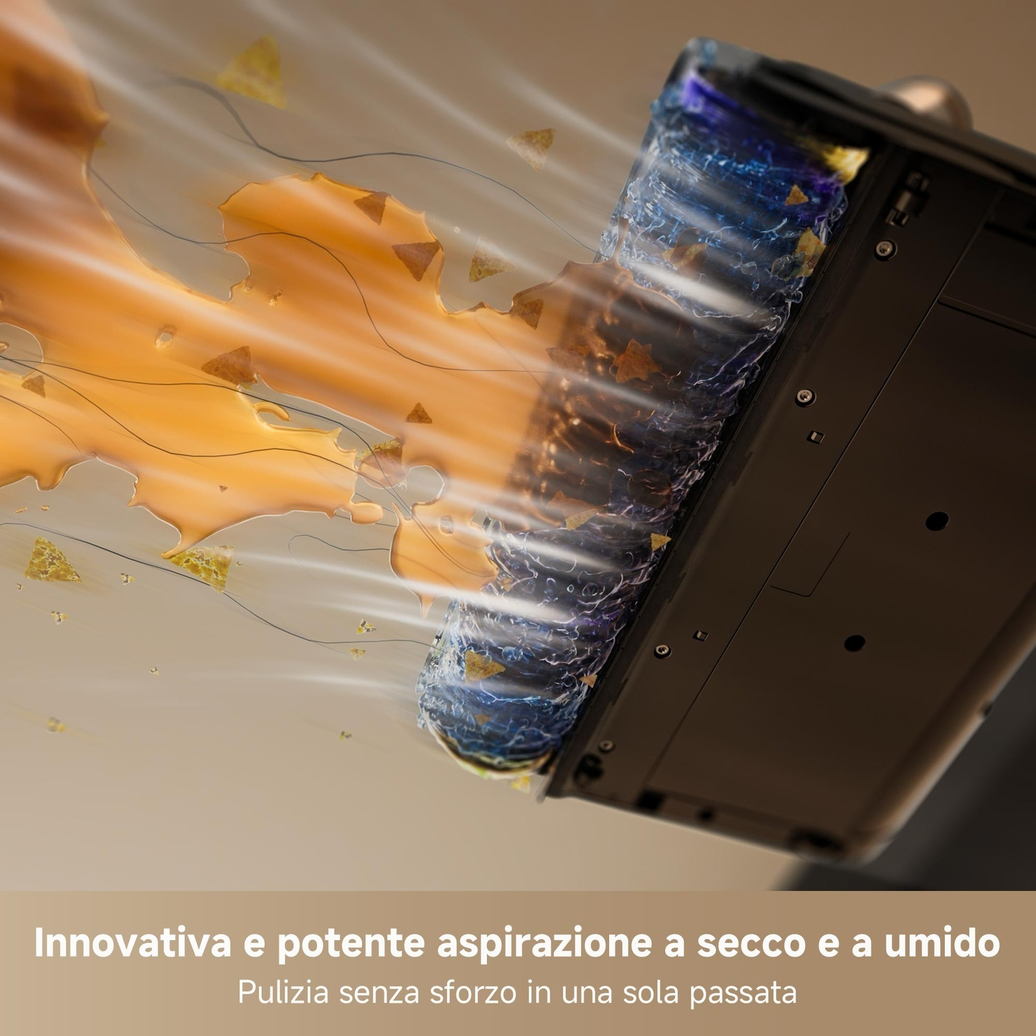 La spazzola aspirapolvere bagnato/asciutto pulisce liquido arancione e detriti. Testo: Aspirazione innovativa e potente.