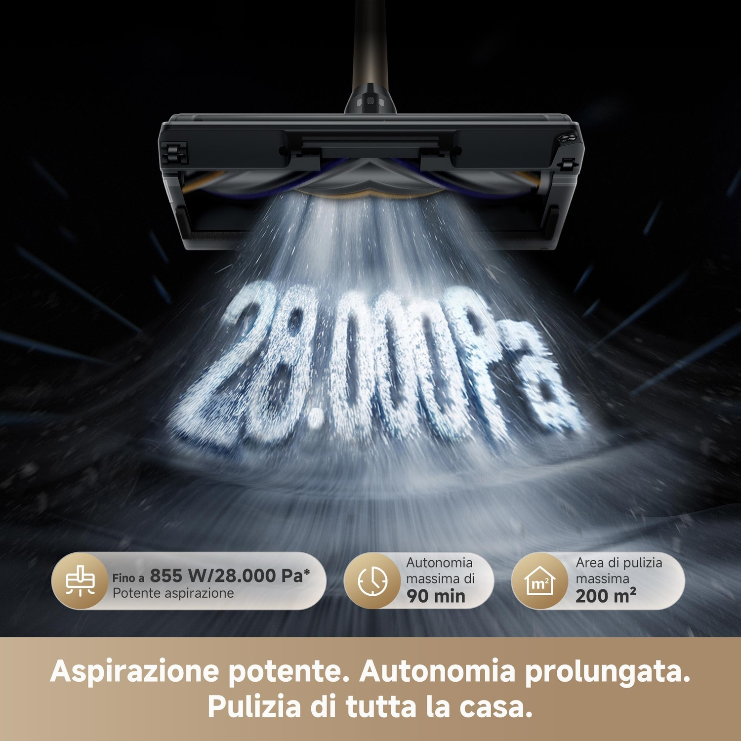 Testina aspirapolvere mostra 28.000 Pa, 855W, 90 min batteria, 200 m² area pulizia.