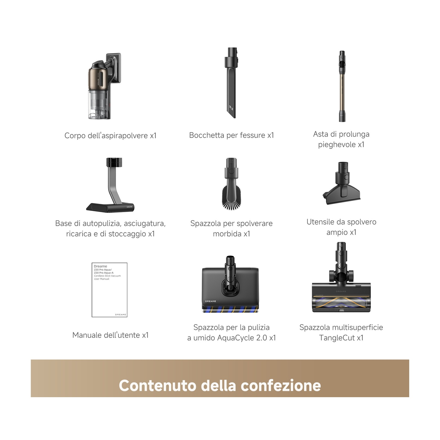 Il contenuto della confezione mostra corpo aspirapolvere, bocchetta fessure, asta estensione, base, spazzola morbida, accessorio, manuale e due testine.