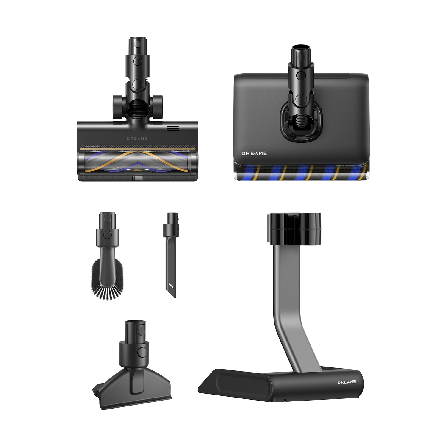 Quattro accessori per aspirapolvere neri e un supporto di ricarica/stoccaggio.