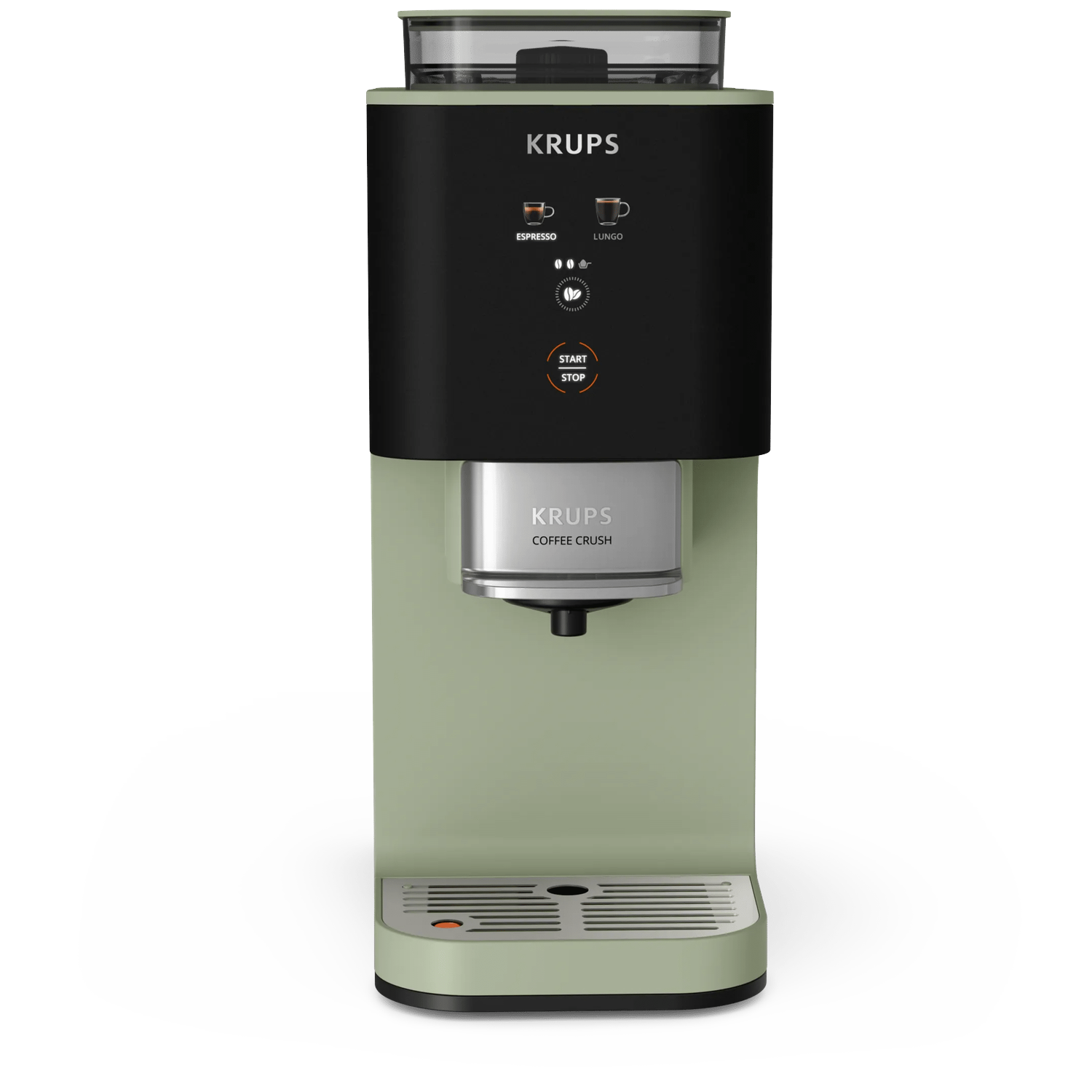 Een lichtgroene koffiemachine met een zwarte voorkant en een zilveren lekbak.