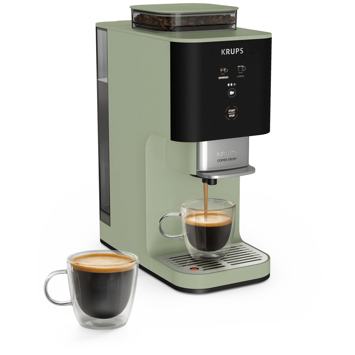 Een groene Krups koffiemachine zet espresso in een dubbelwandig glazen kopje.