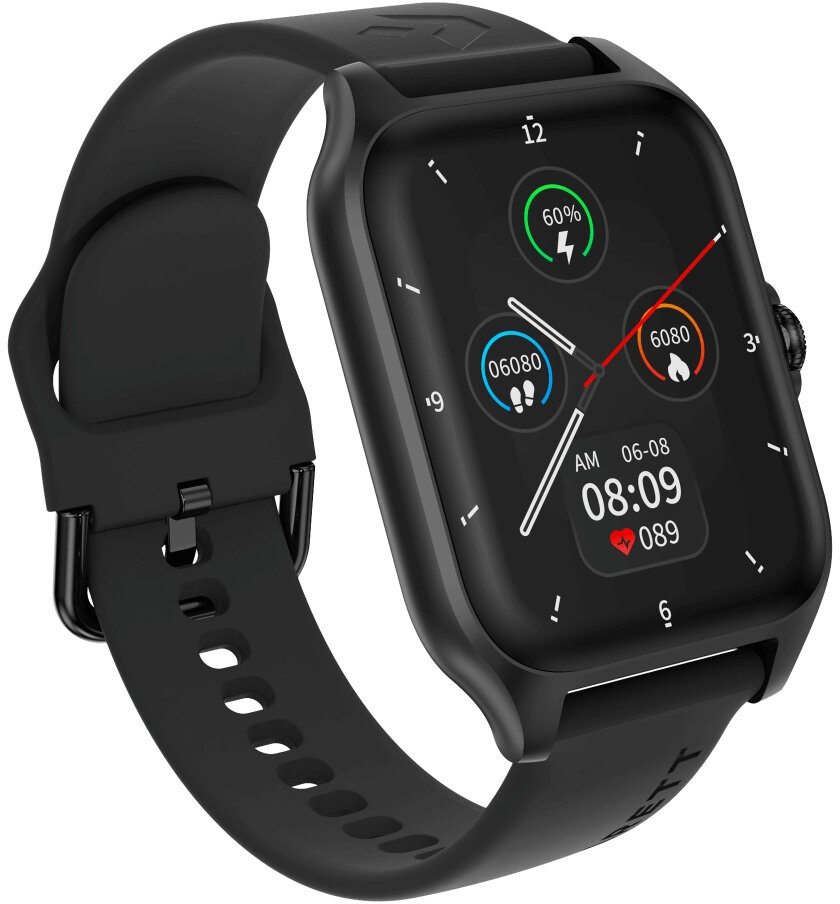 Czarny smartwatch z cyfrowym wyświetlaczem pokazującym godzinę, datę, kroki i naładowanie.
