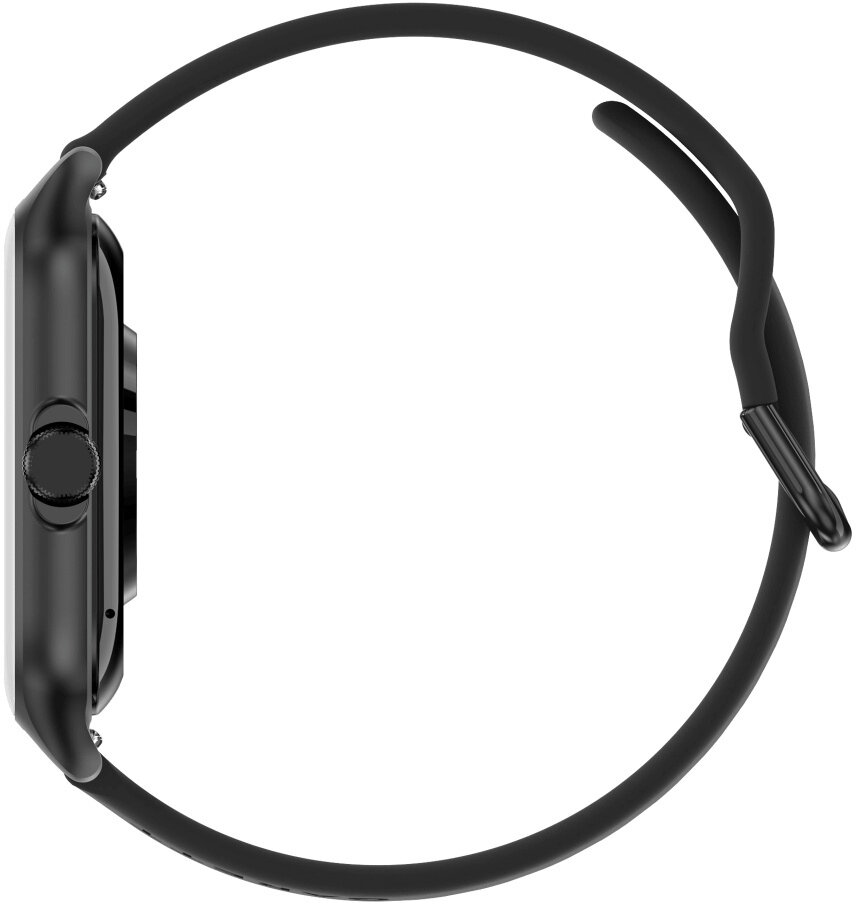 Czarny smartwatch z profilu z czarną opaską na białym tle.