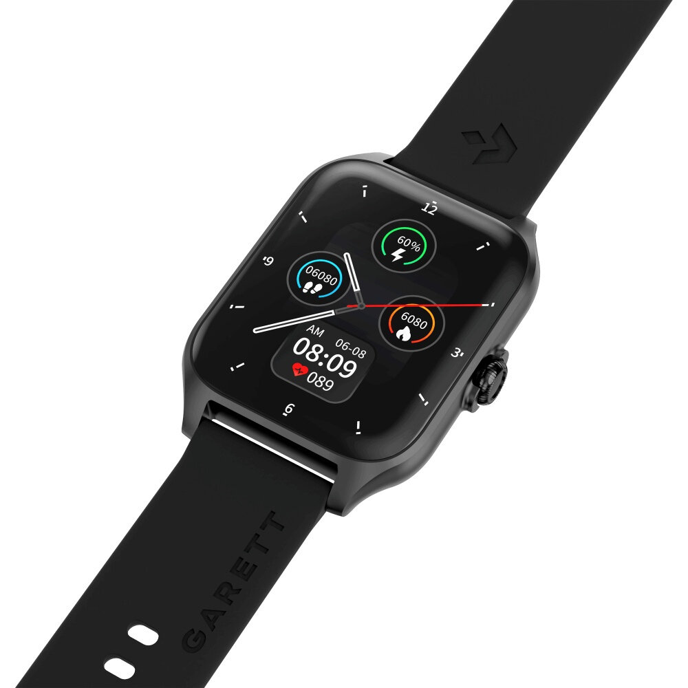 Czarny smartwatch z kwadratowym ekranem pokazuje godzinę 08:09, datę 06-08, tętno 89 i dane o aktywności.