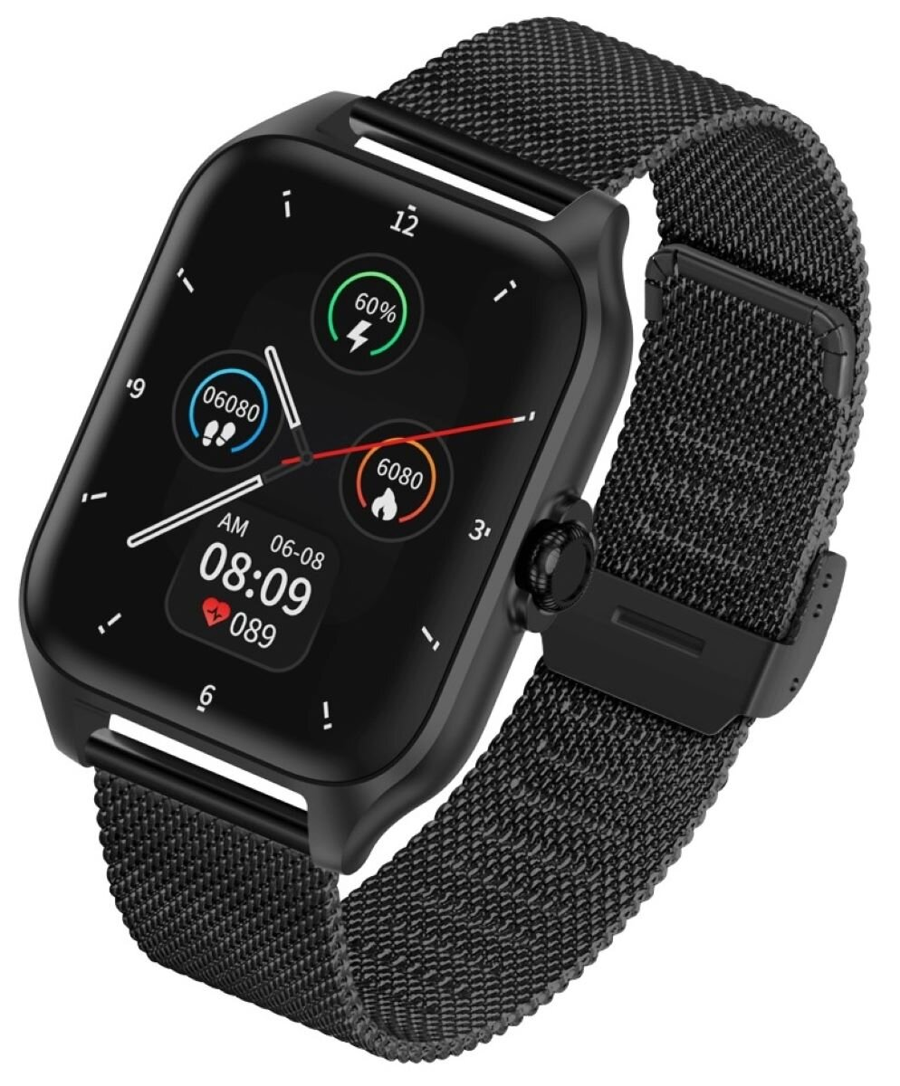 Czarny smartwatch z siatkowym paskiem wyświetla 08:09, 60% baterii i 6080 kroków.