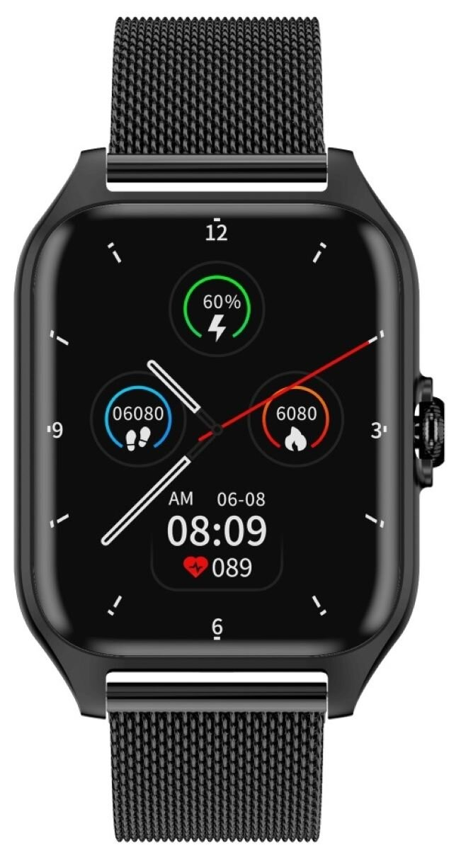 Czarny smartwatch z czarną siatkową bransoletą i prostokątnym wyświetlaczem.