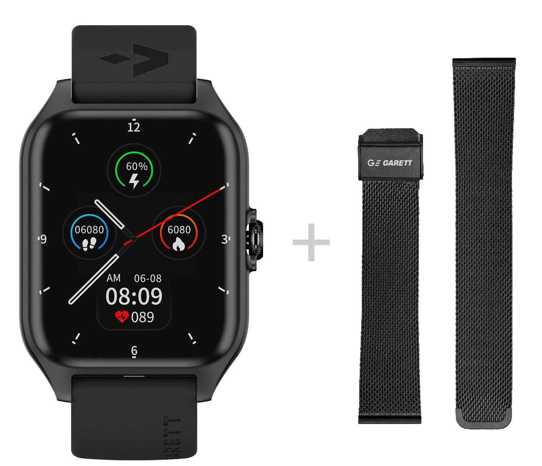 Czarny smartwatch z czarnymi, siatkowymi paskami na wymianę.