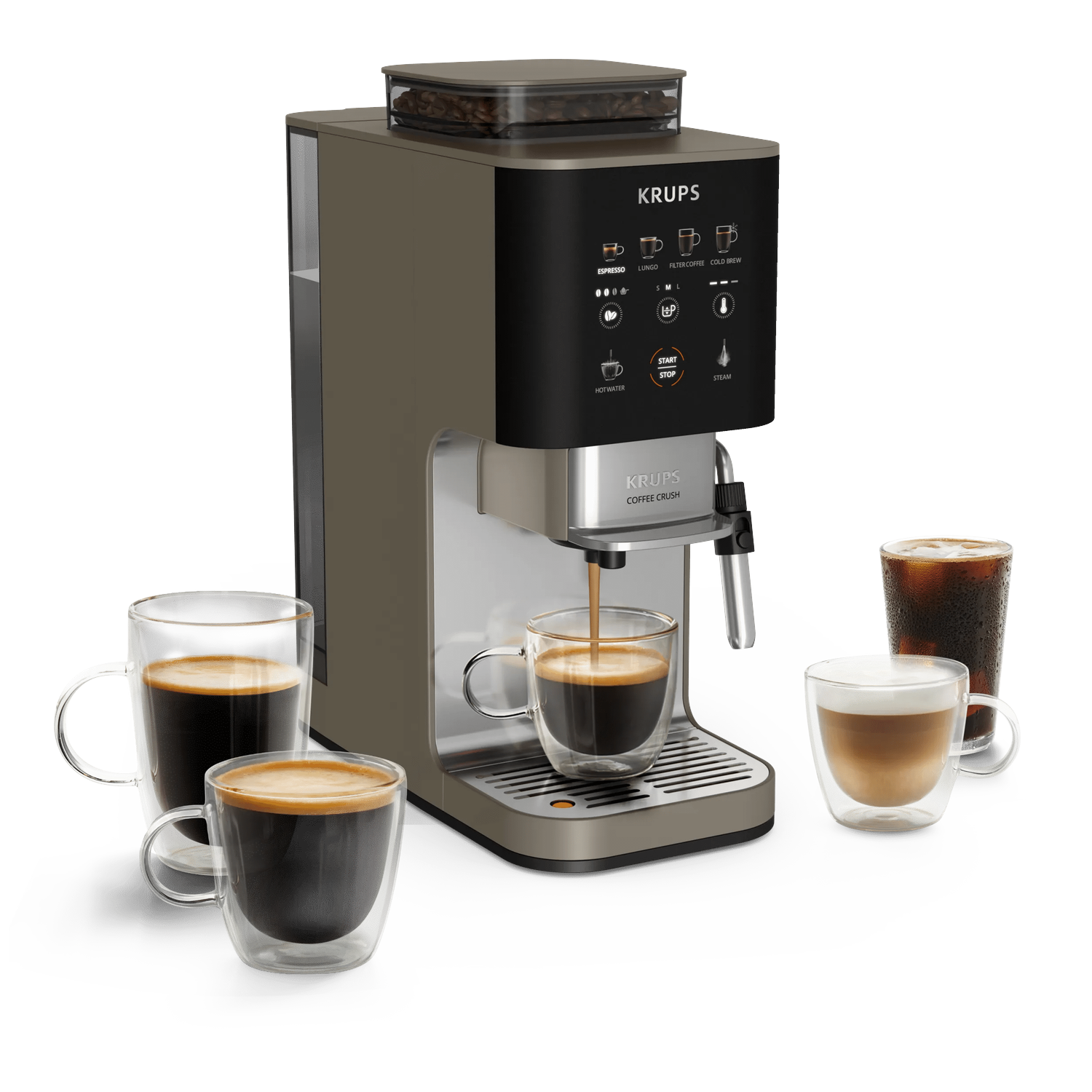 Krups coffee machine with bean hopper and four cups of coffee.