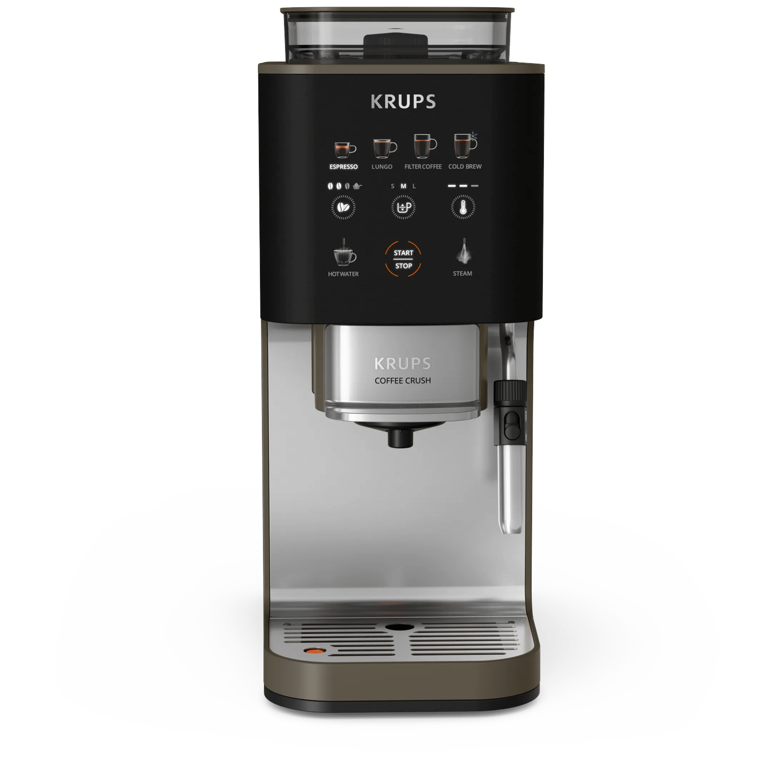 A modern coffee machine with a touchscreen control panel, brewing various coffee types.