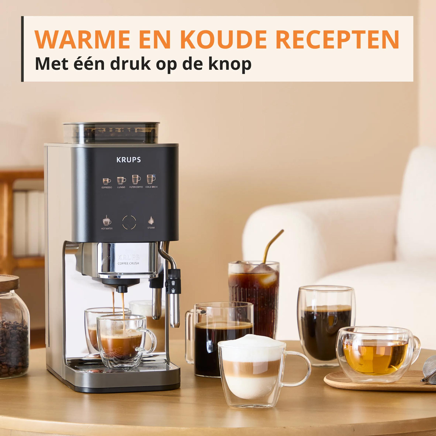A KRUPS coffee machine brews coffee into a cup. Several drinks are placed beside it.