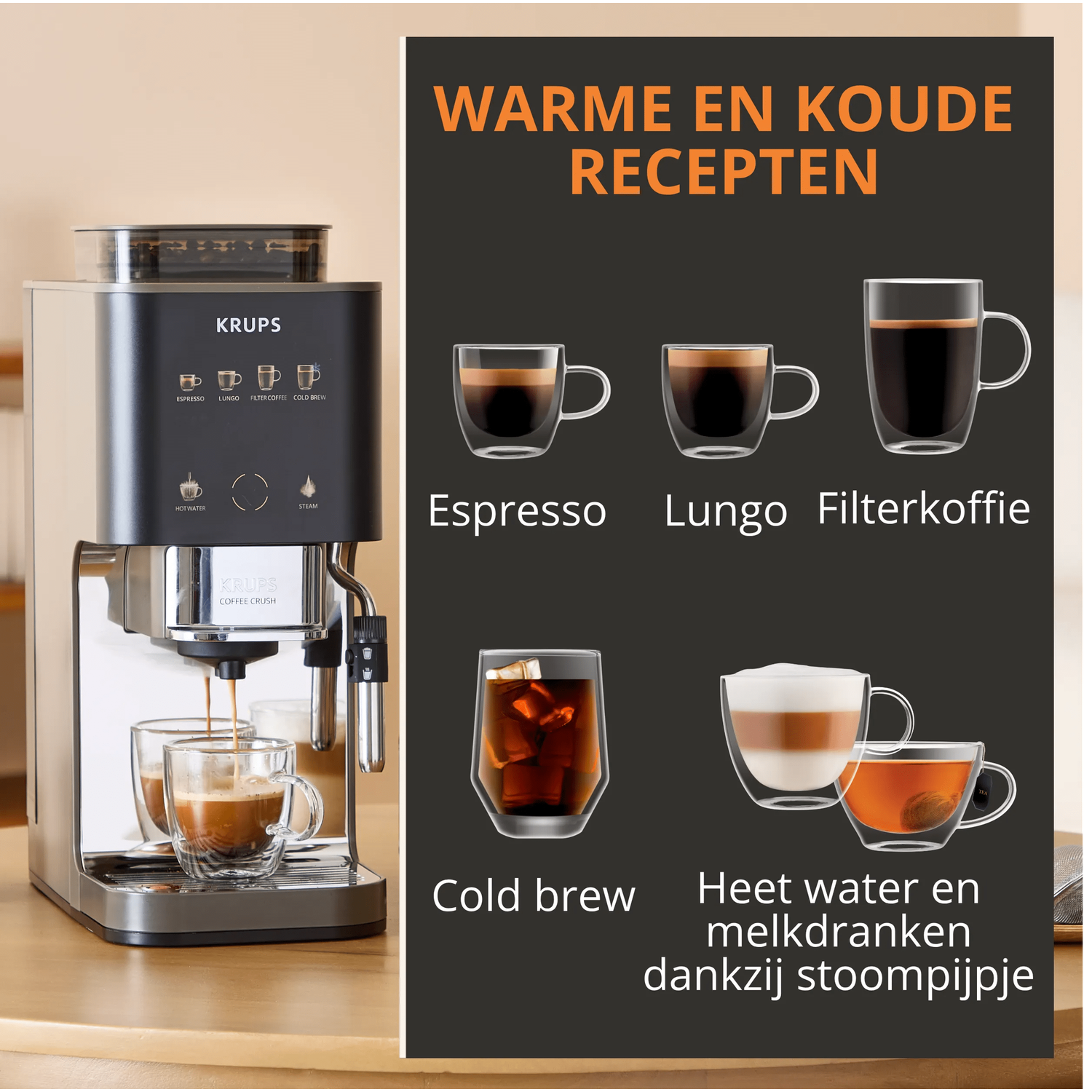 Krups coffee machine brewing coffee, with options for hot water, steam, and cold brew.