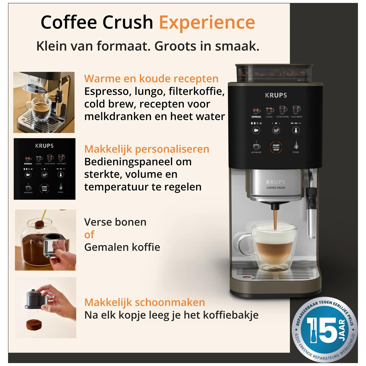 Krups coffee machine with glass and coffee, text about recipes and cleaning.