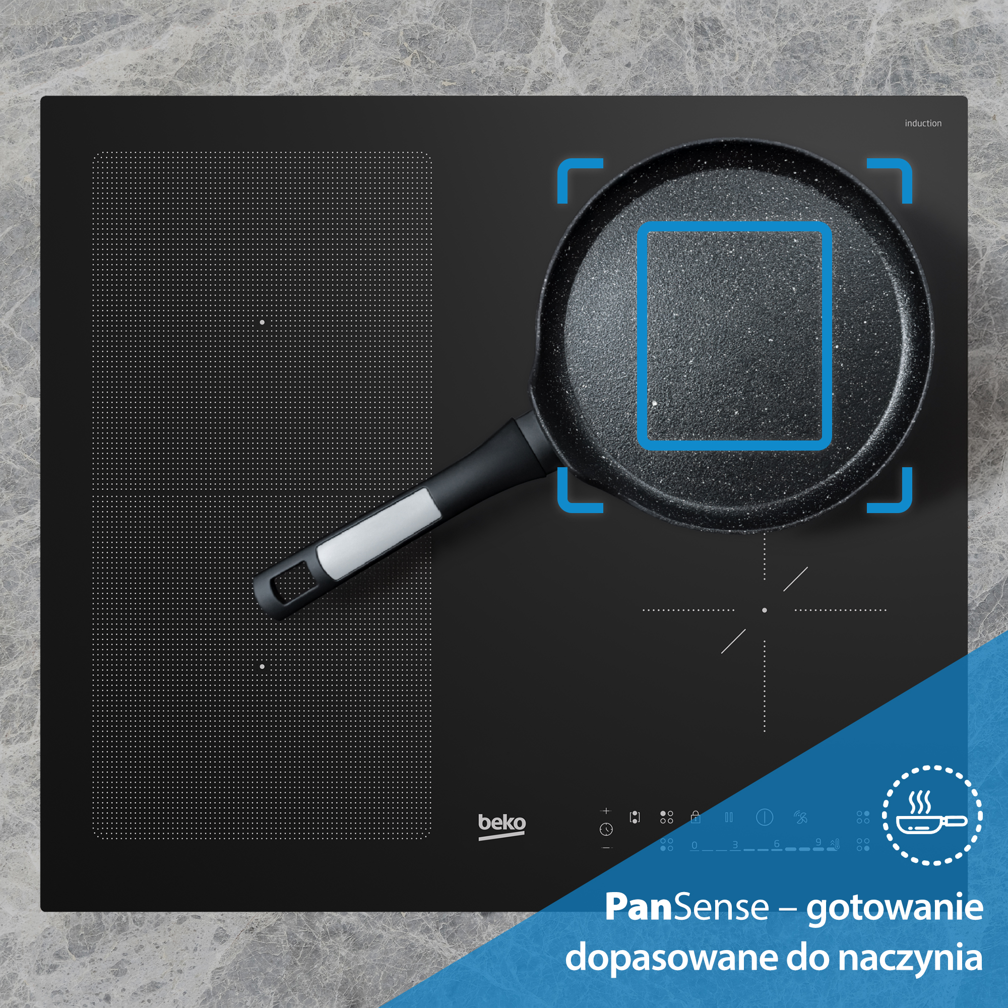 Płyta indukcyjna z patelnią i niebieskimi oznaczeniami.