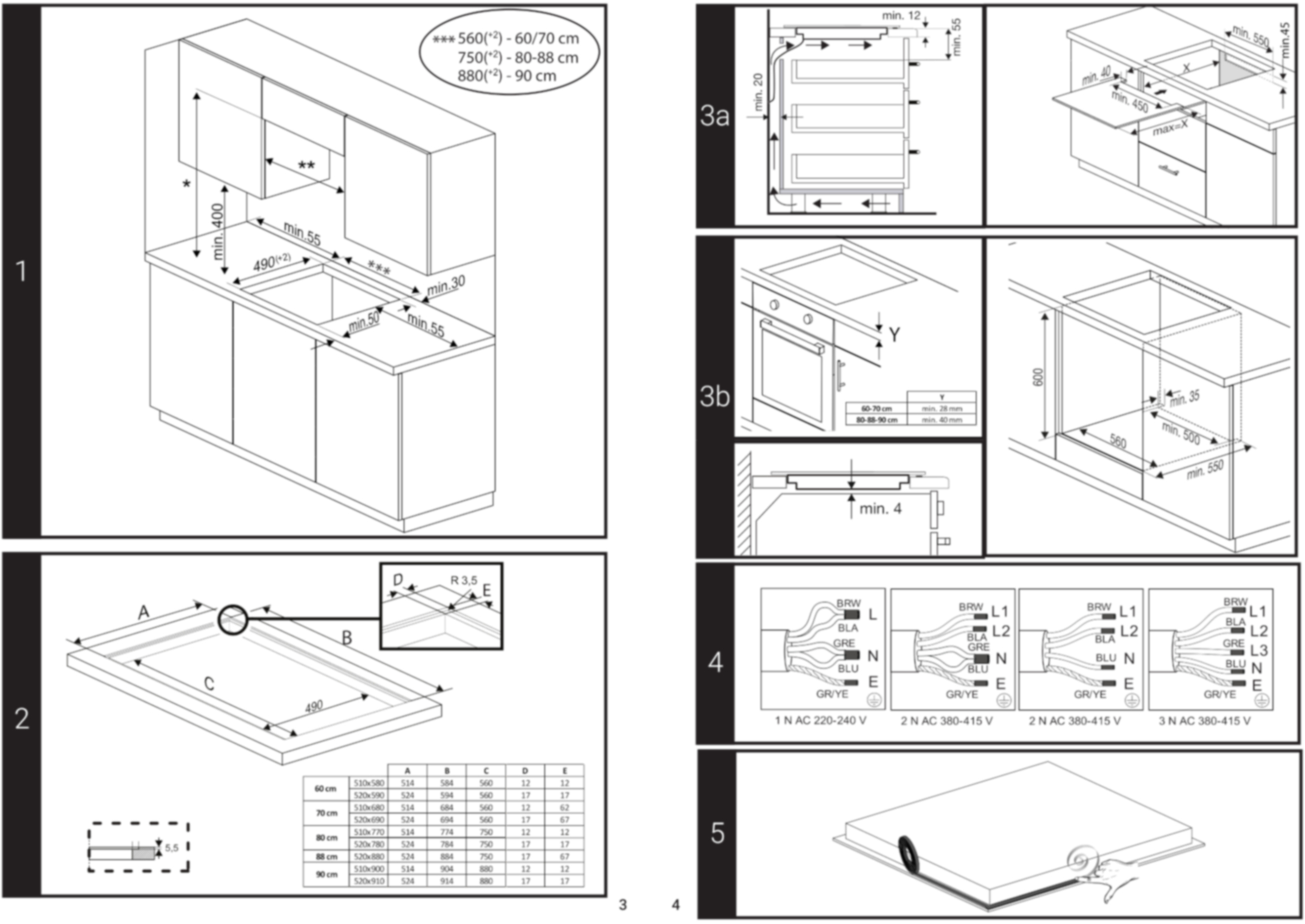 Diagram przedstawia wymiary montażowe szafek i urządzeń kuchennych.