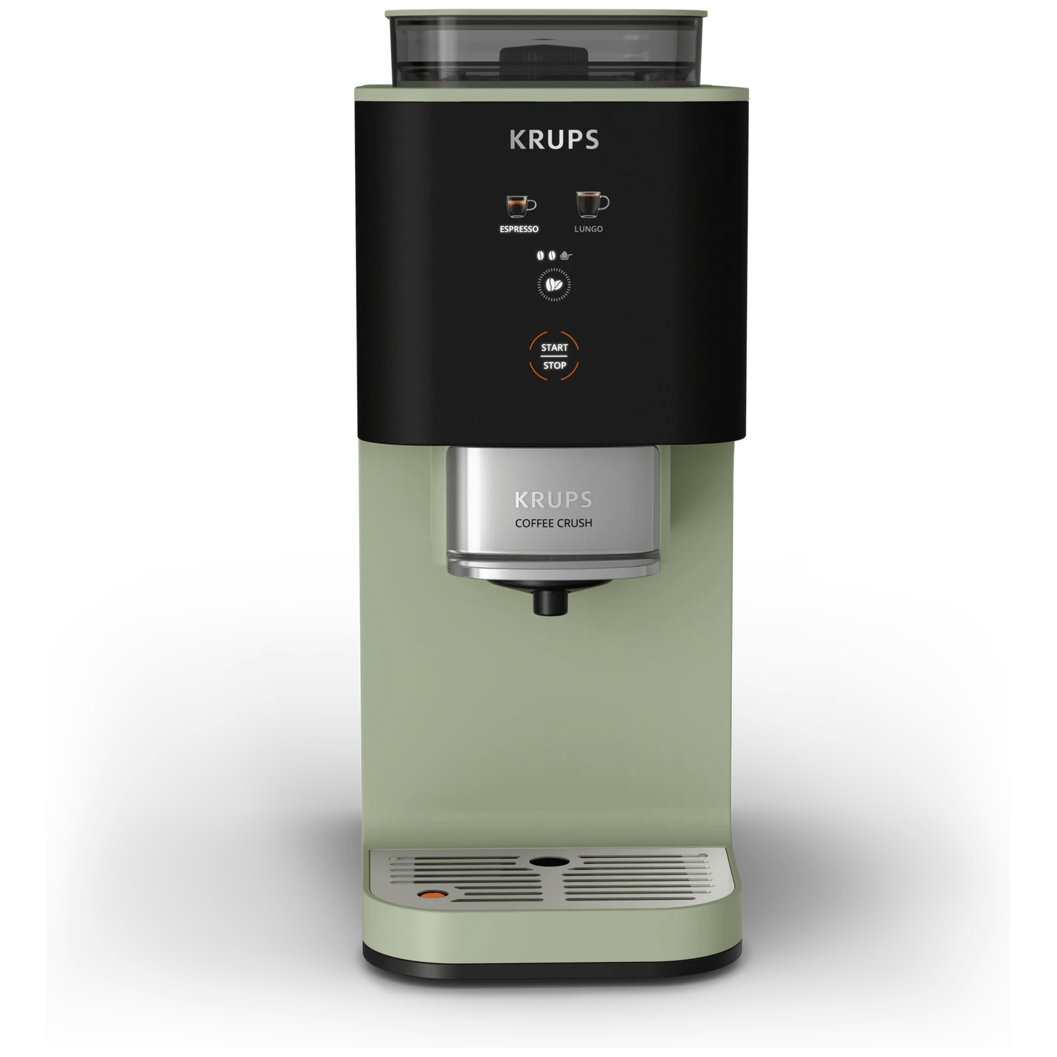 Sage green Krups coffee maker with black top and control panel.