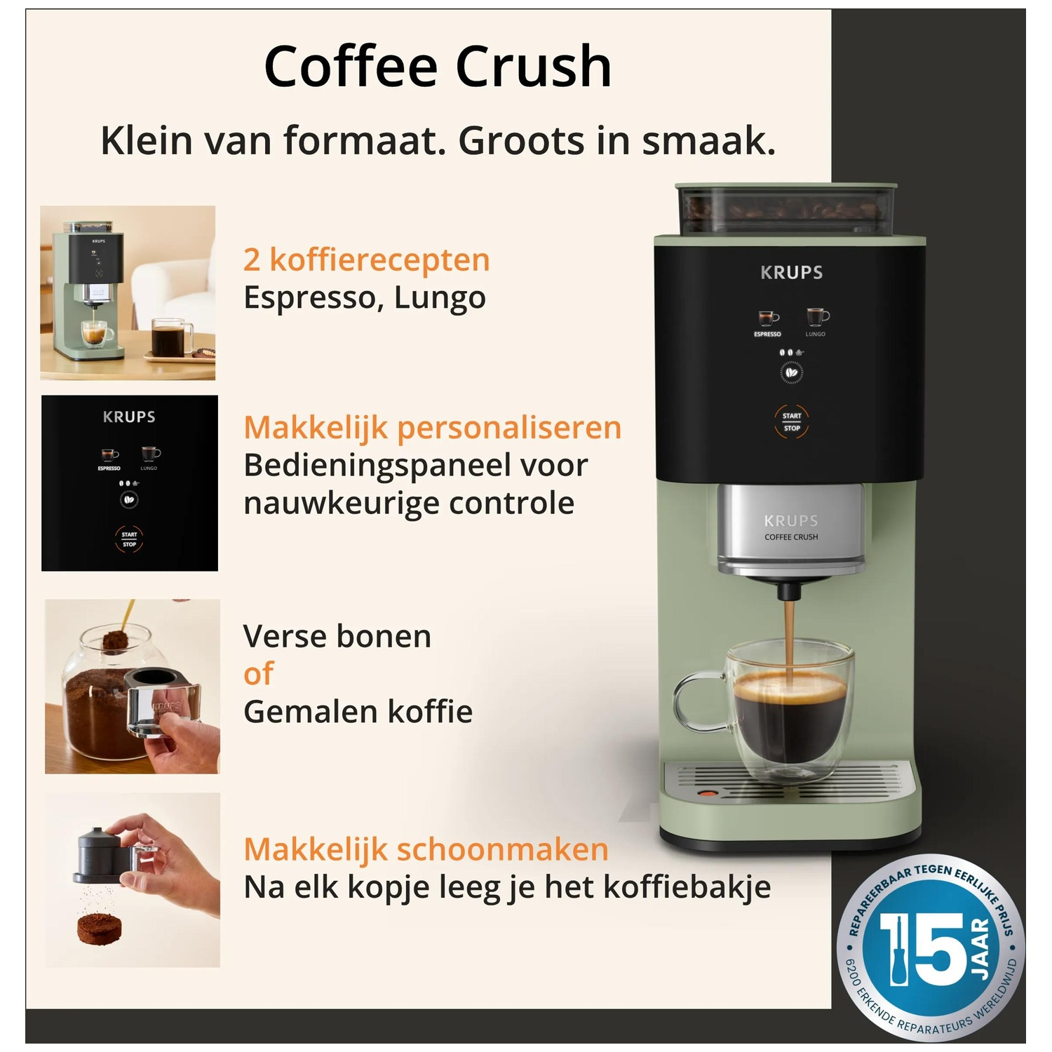 Krups coffee machine with espresso & lungo functions, bean hopper on top.