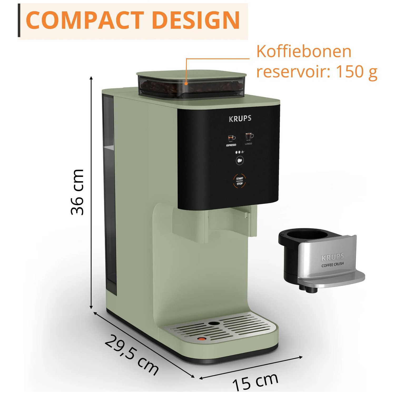 A green Krups coffee machine with bean hopper and control panel.