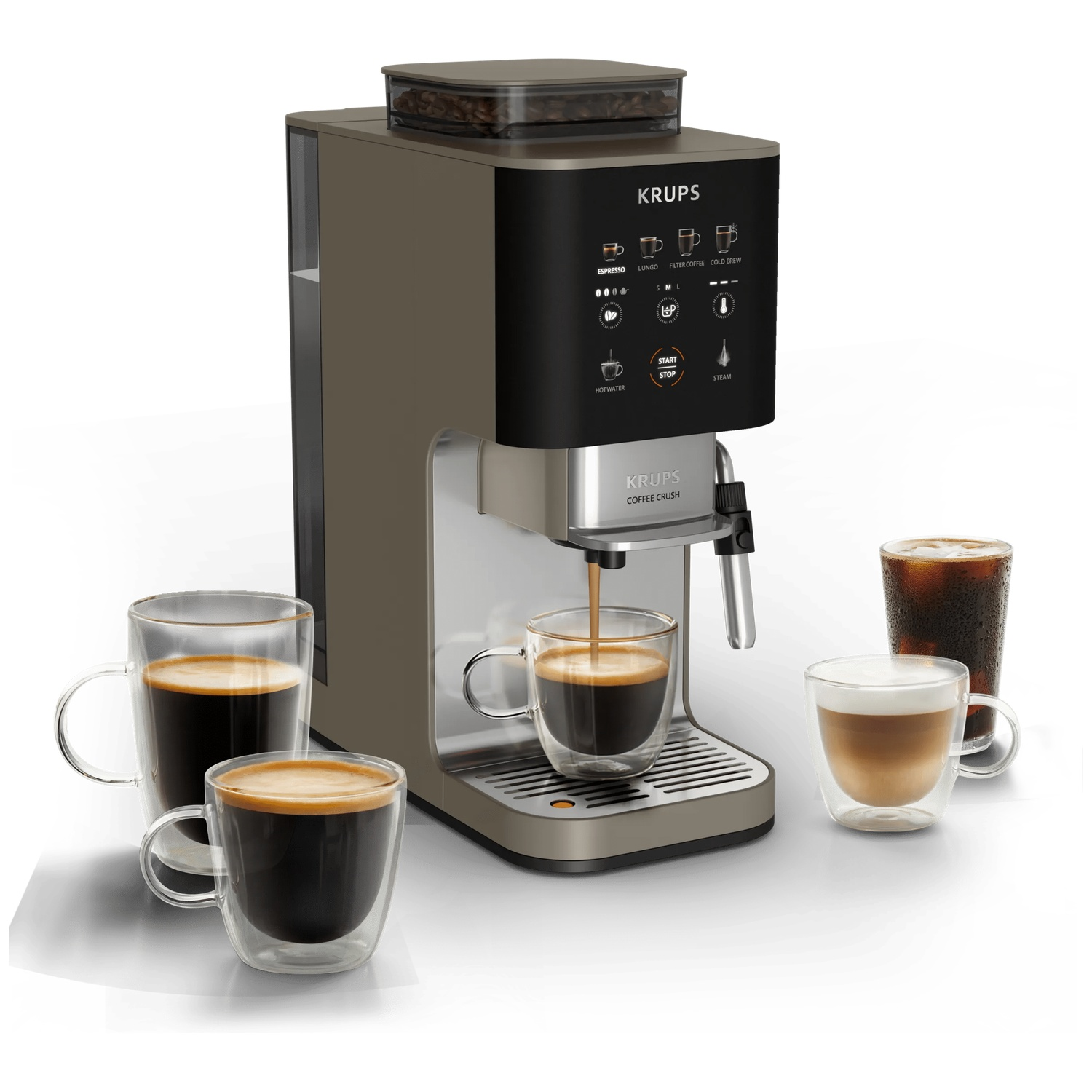 Krups coffee machine with various coffee drinks and cups.