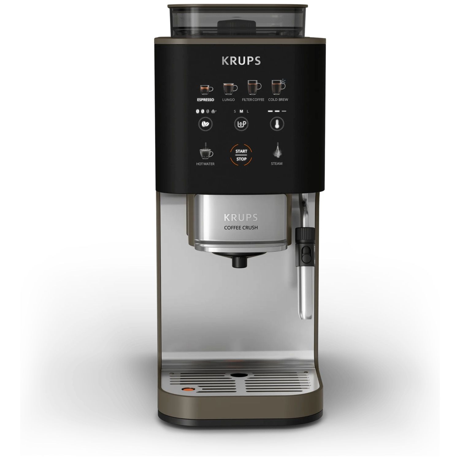 Krups coffee machine with various coffee options and a steam wand.