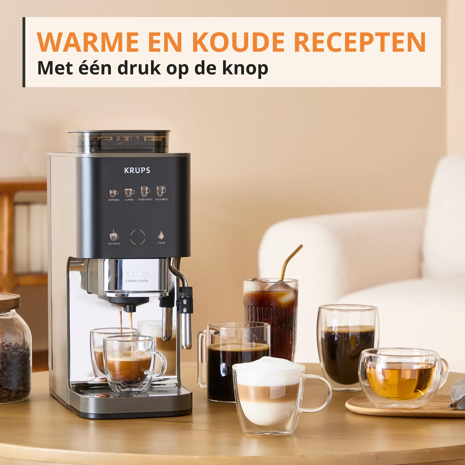 Krups coffee machine making espresso, with drinks like latte, coffee, tea, and iced coffee.