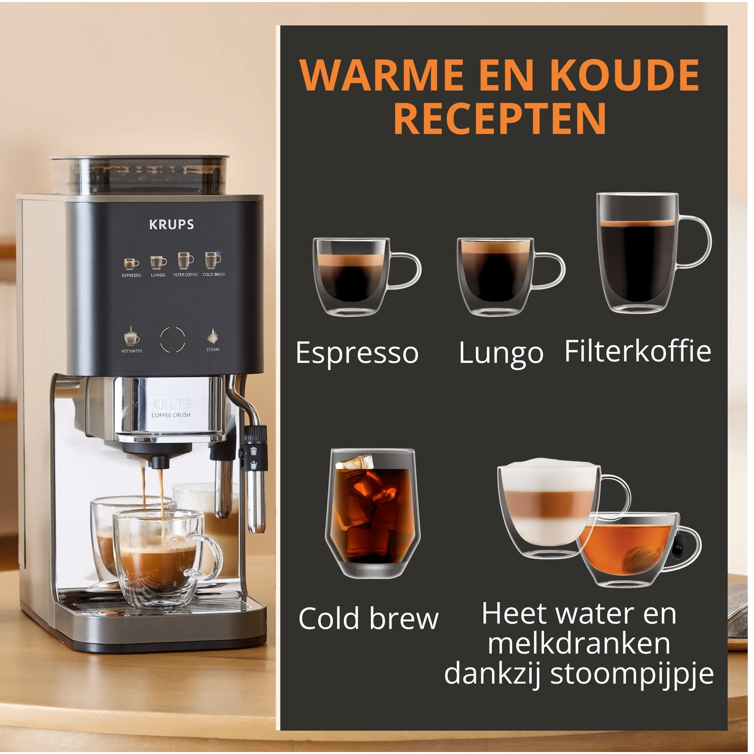 Krups coffee machine shows various coffee preparations and drinks.