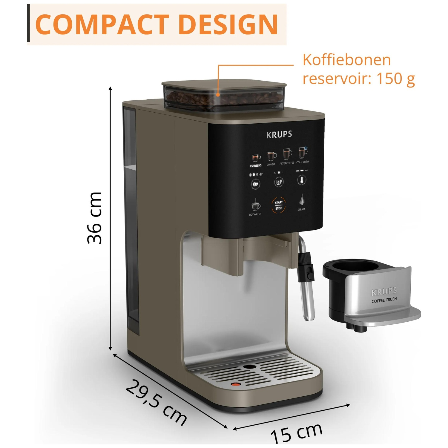 Compact coffee machine with brewing and steam functions, 36x29.5x15cm.