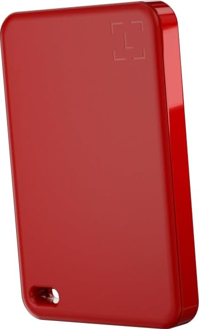Ein glänzendes, rotes rechteckiges Objekt mit abgerundeten Ecken.