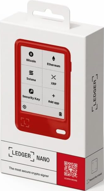Rote Ledger Nano Box mit Krypto-App-Symbolen. "The most secure crypto signer".