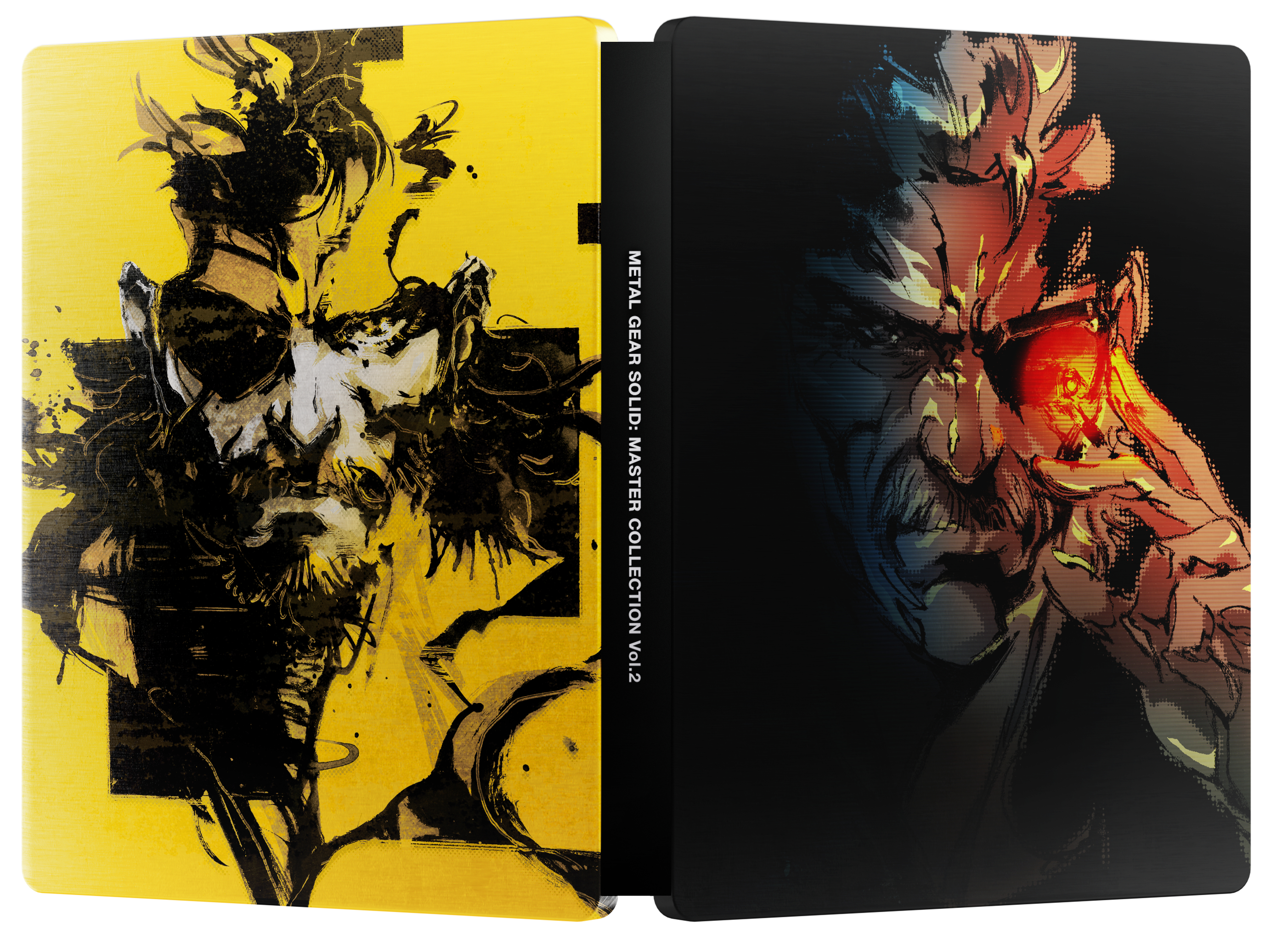 Ein Metal-Gear-Solid-Steelbook mit einem gelben Cover und einem Porträt, und ein schwarzes Cover mit einem Porträt.