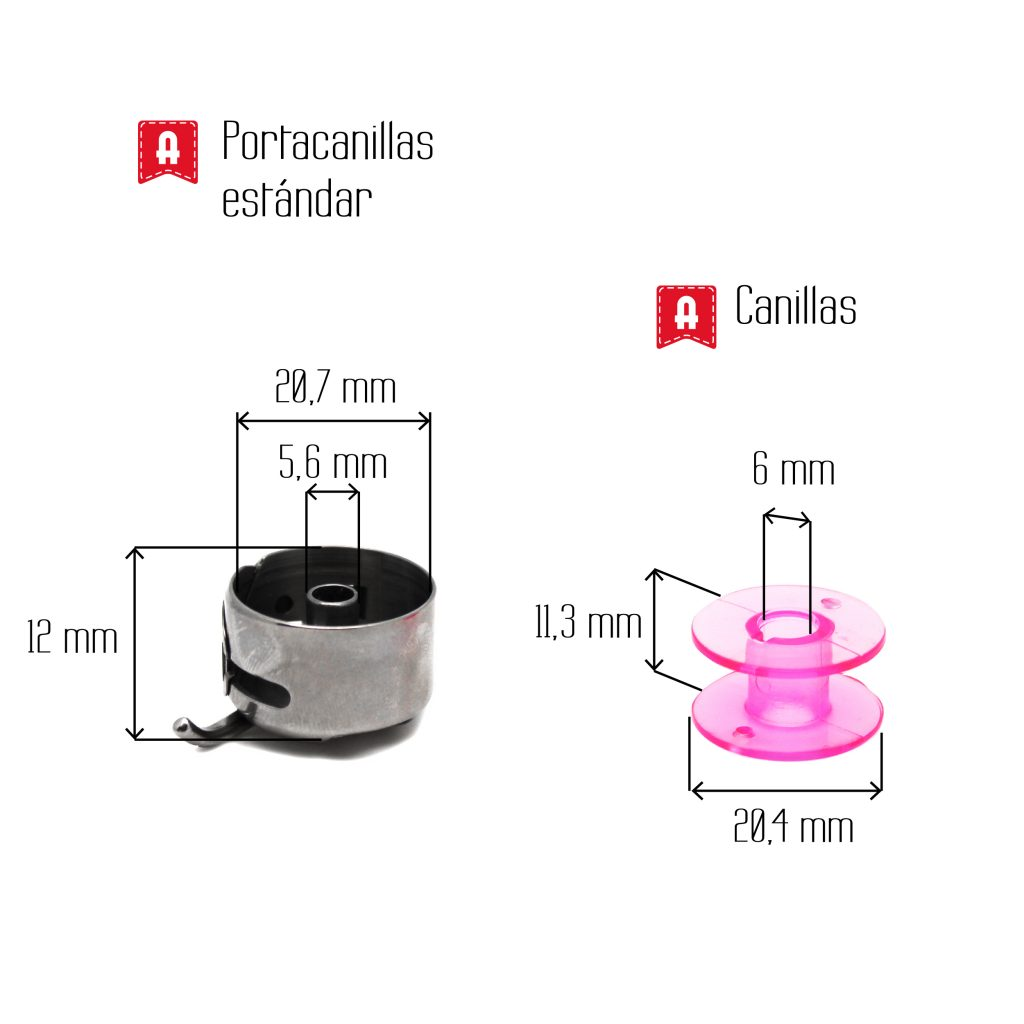 Portabobinas de metal y una bobina rosa con dimensiones.