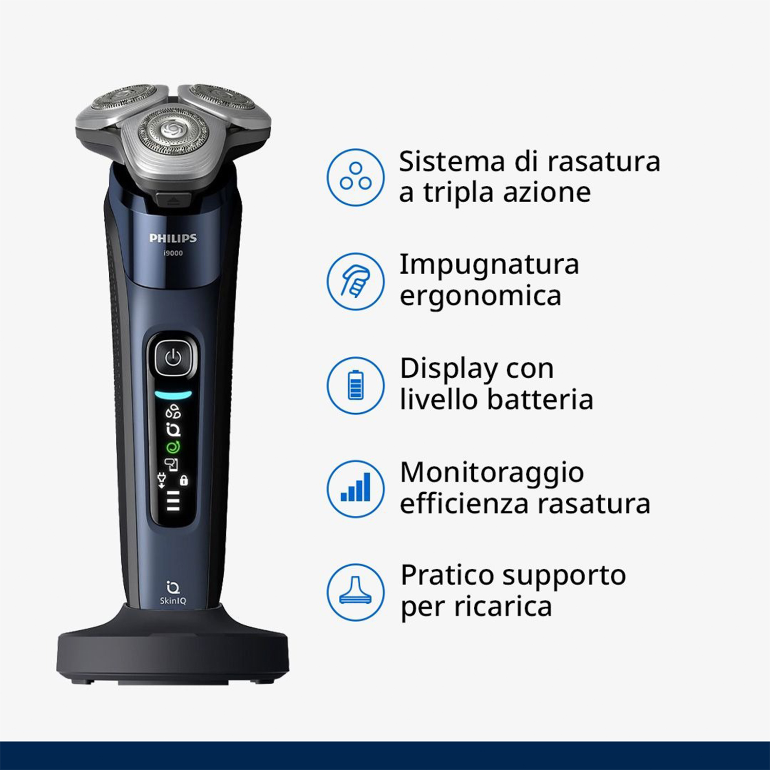 Un rasoio Philips blu con tre testine e indicatore di carica.