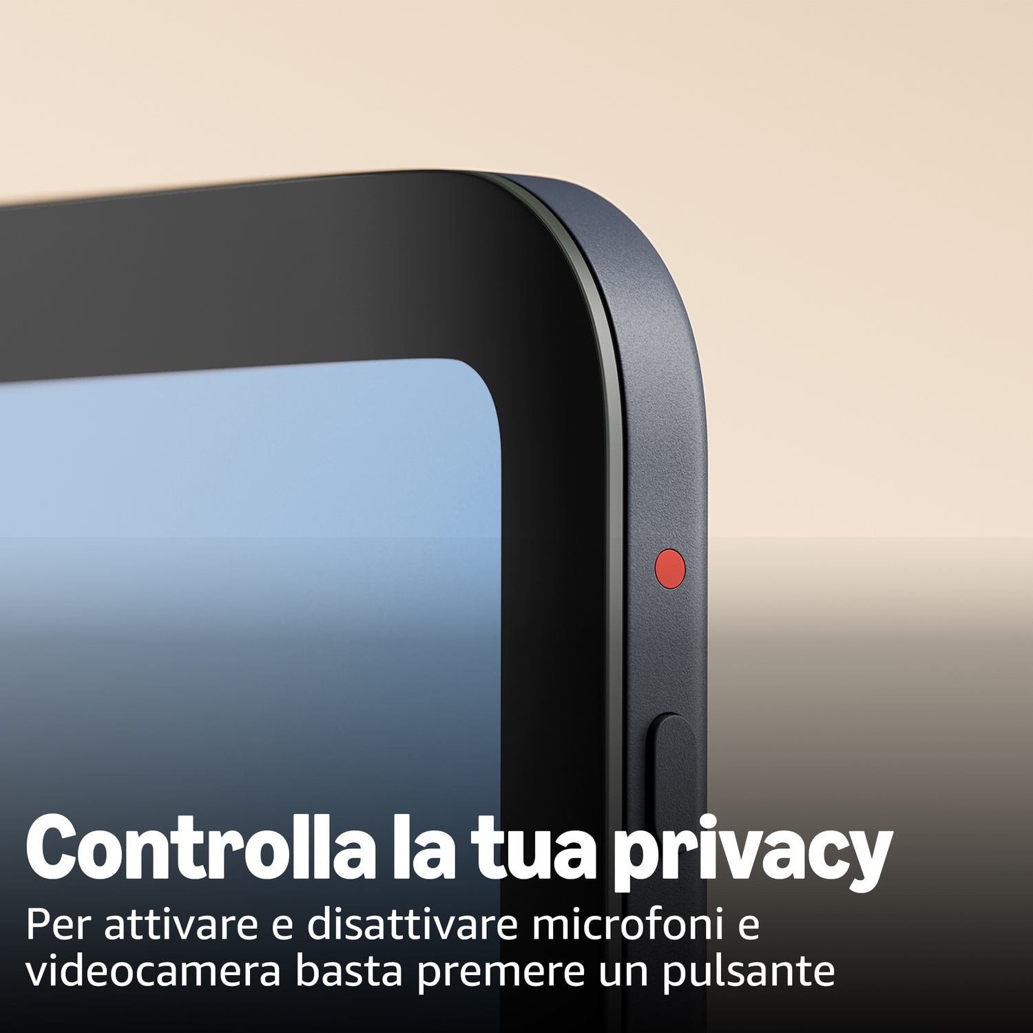 Primo piano di un dispositivo grigio scuro con luce rossa per la privacy.
