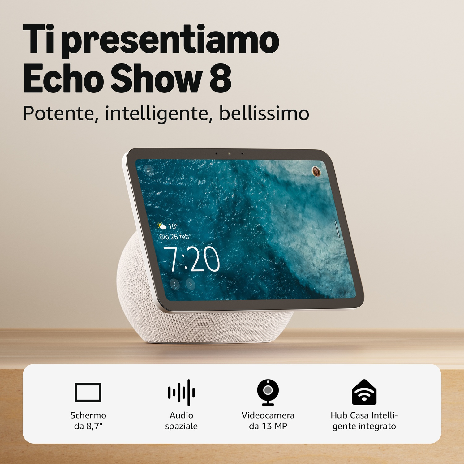 Echo Show 8 con schermo da 8,7 pollici, audio spaziale, fotocamera 13 MP.