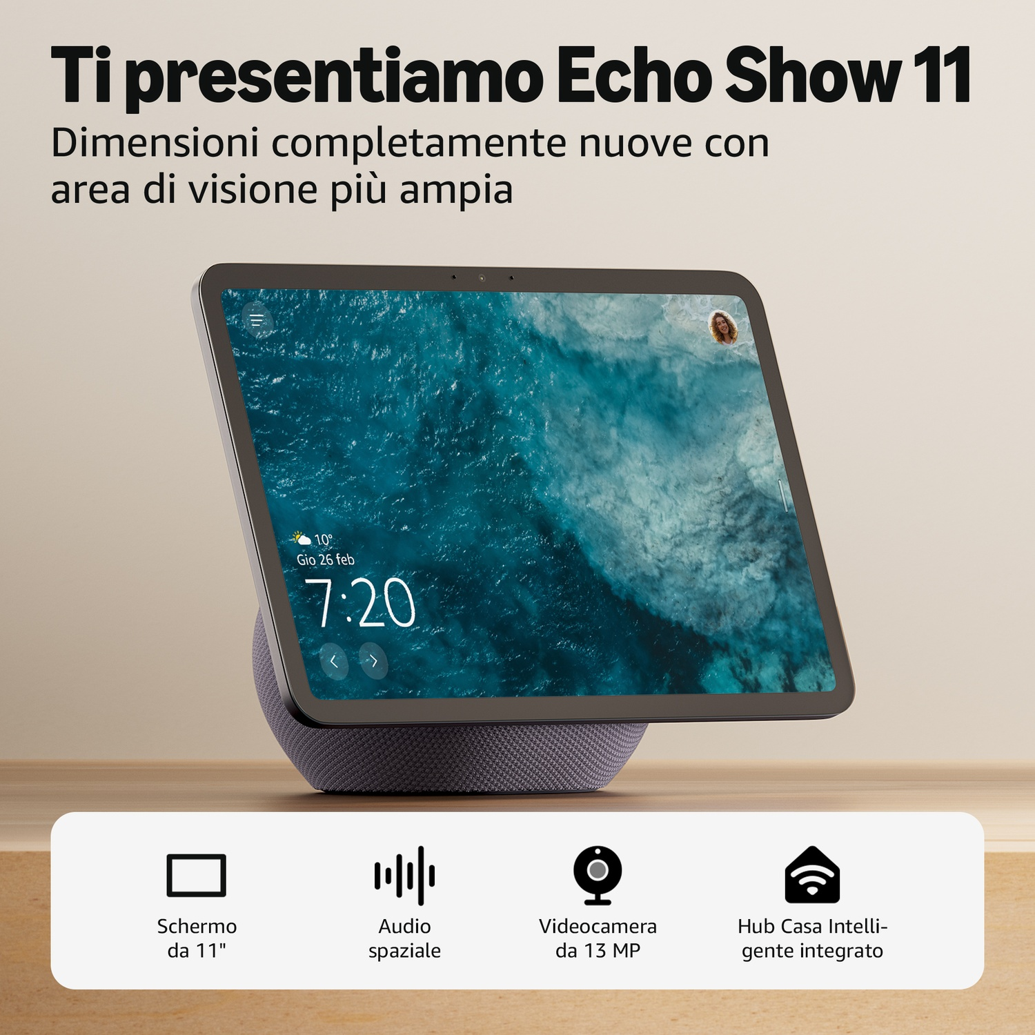Echo Show 11 con schermo da 11 pollici, fotocamera da 13 MP e hub smart home.