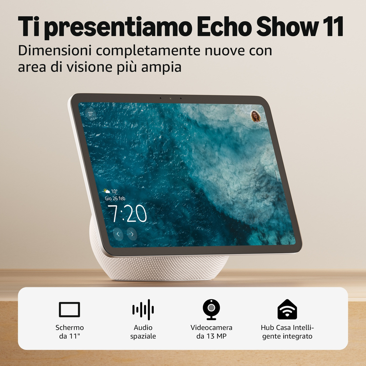 Echo Show 11 con schermo da 11", audio spaziale, videocamera da 13 MP.