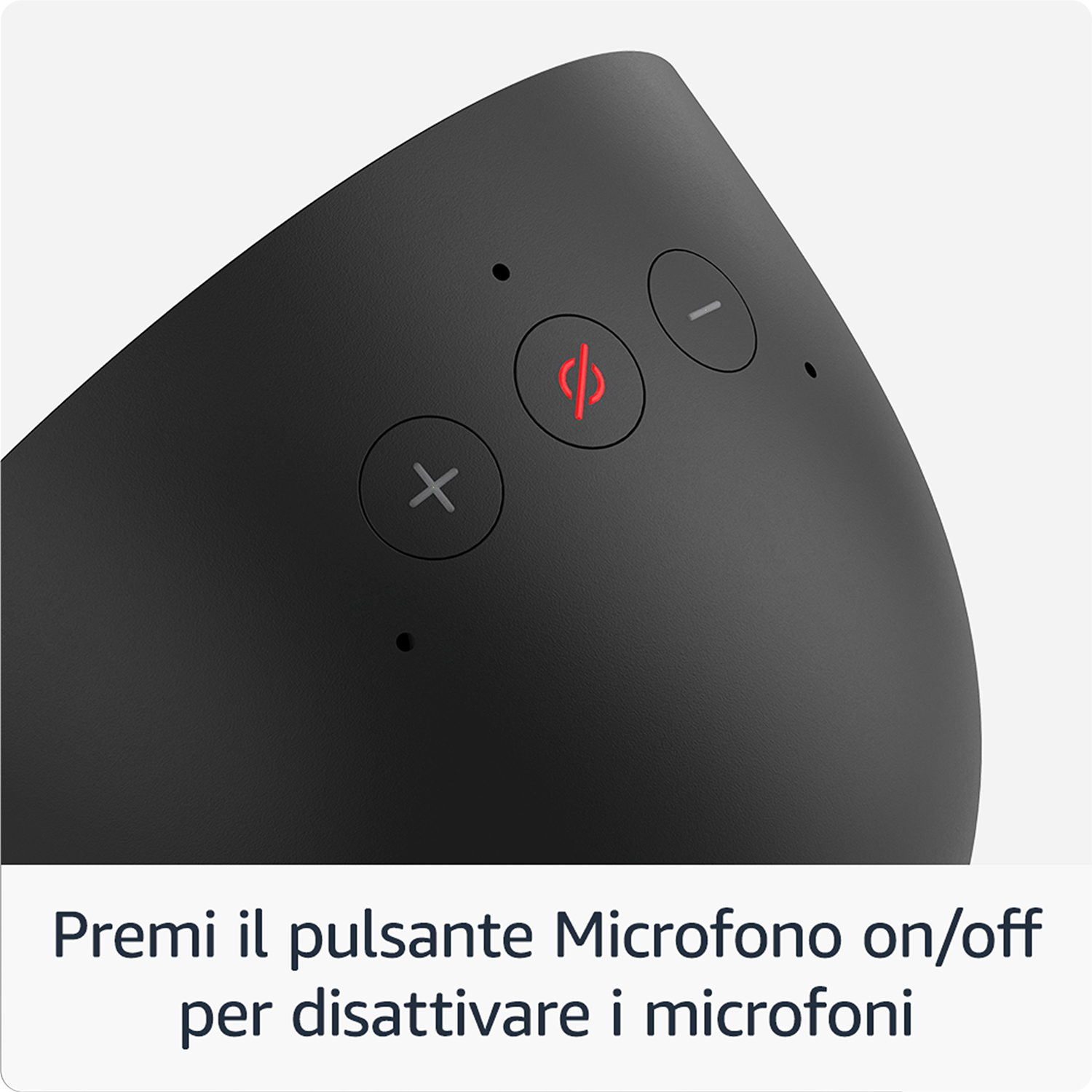 Altoparlante nero con pulsante microfono on/off e pulsanti volume.
