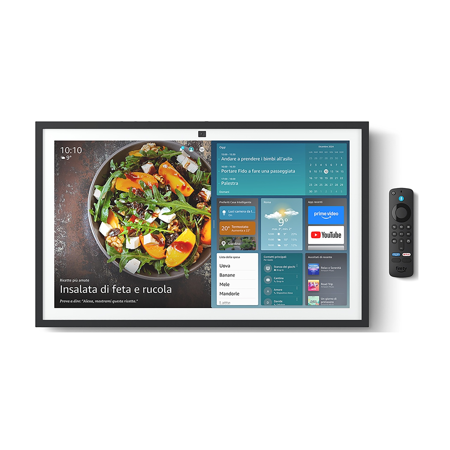 Un display smart mostra una ricetta di insalata feta e rucola e info meteo. Un telecomando è accanto.