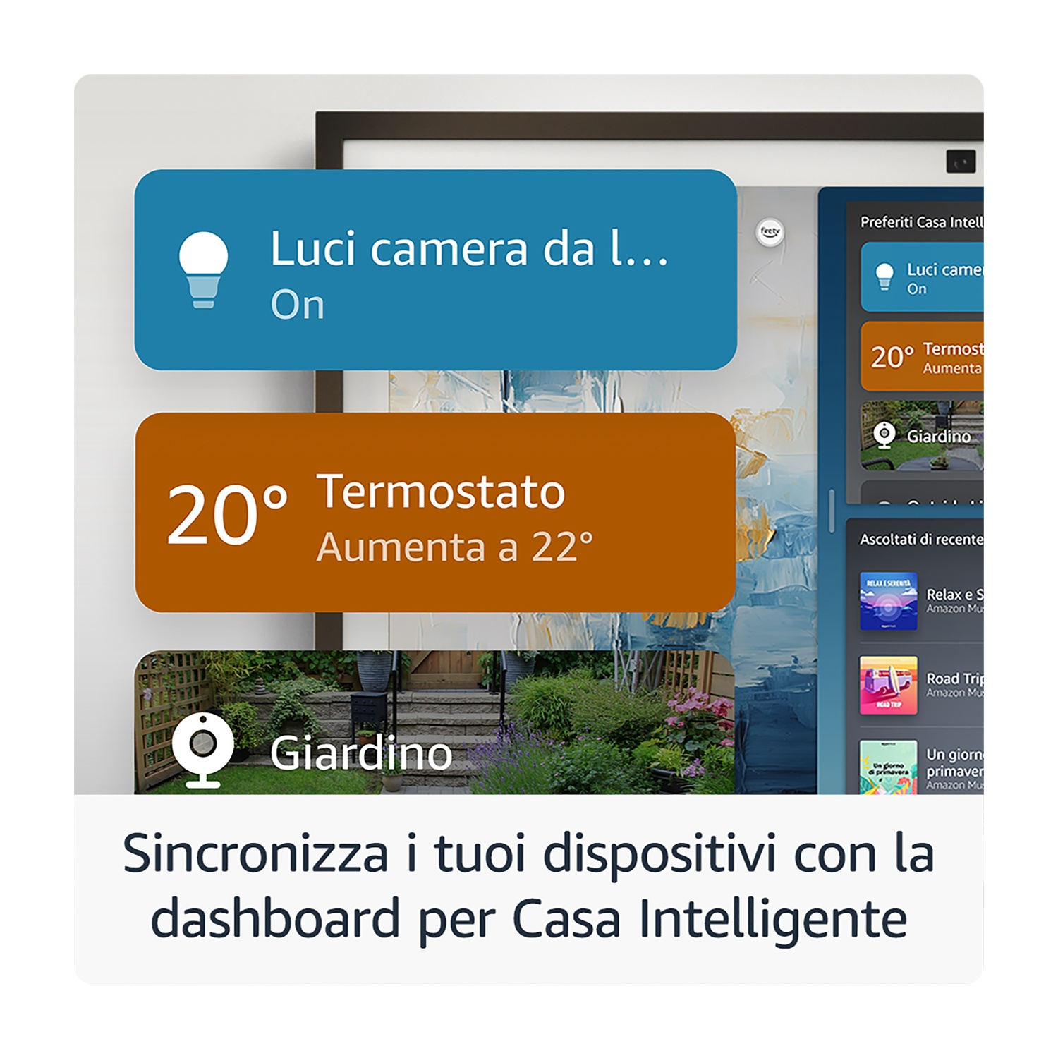 Dashboard casa intelligente con luci, termostato e impostazioni giardino.