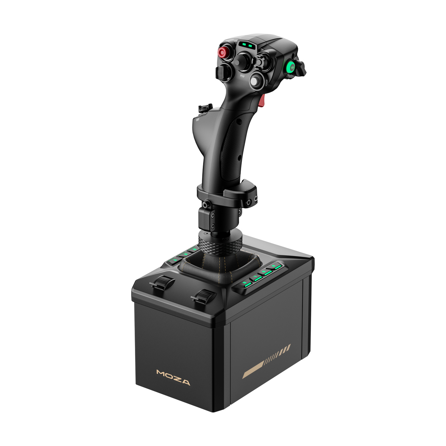 Una base joystick nera con pulsanti verdi e un joystick nero.
