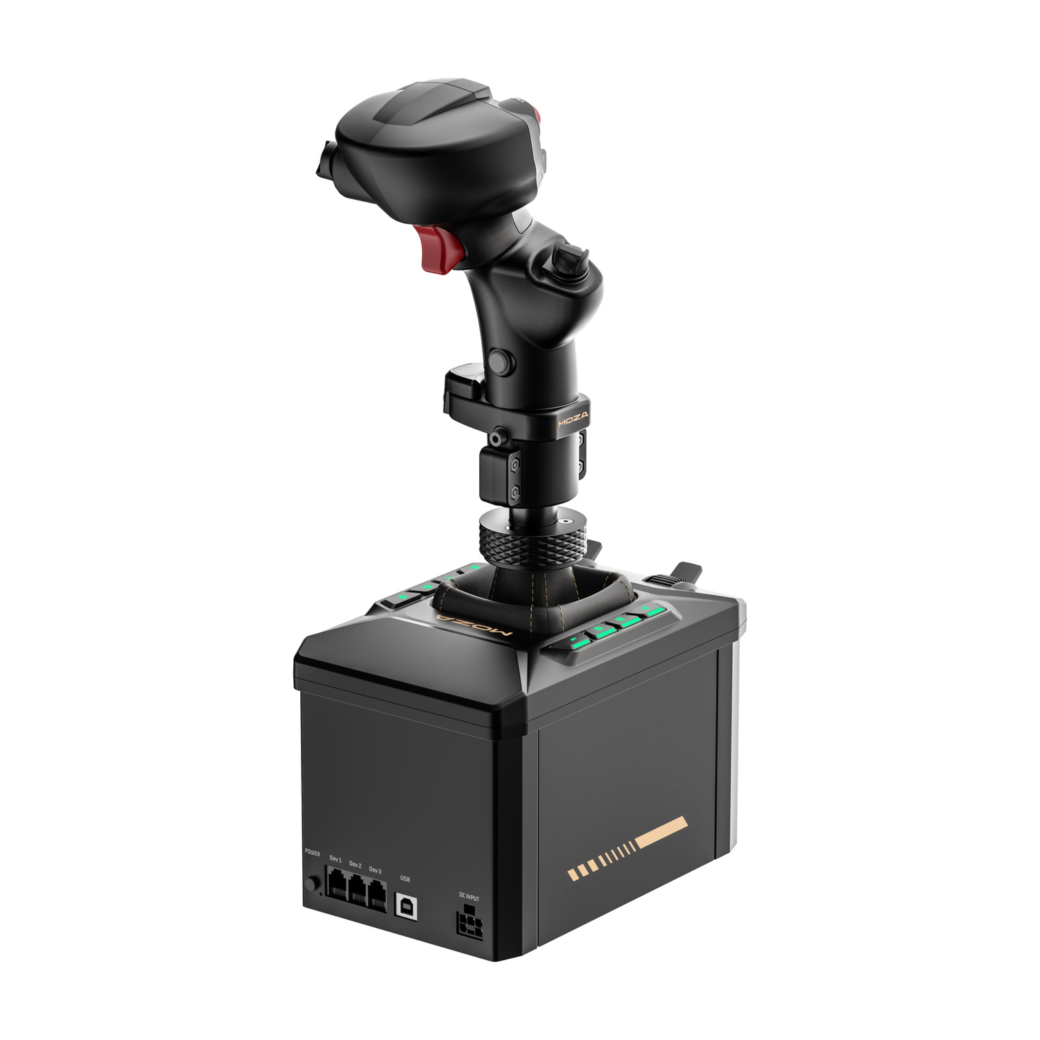Un joystick nero per simulatore di volo con accenti rossi e verdi su sfondo bianco.