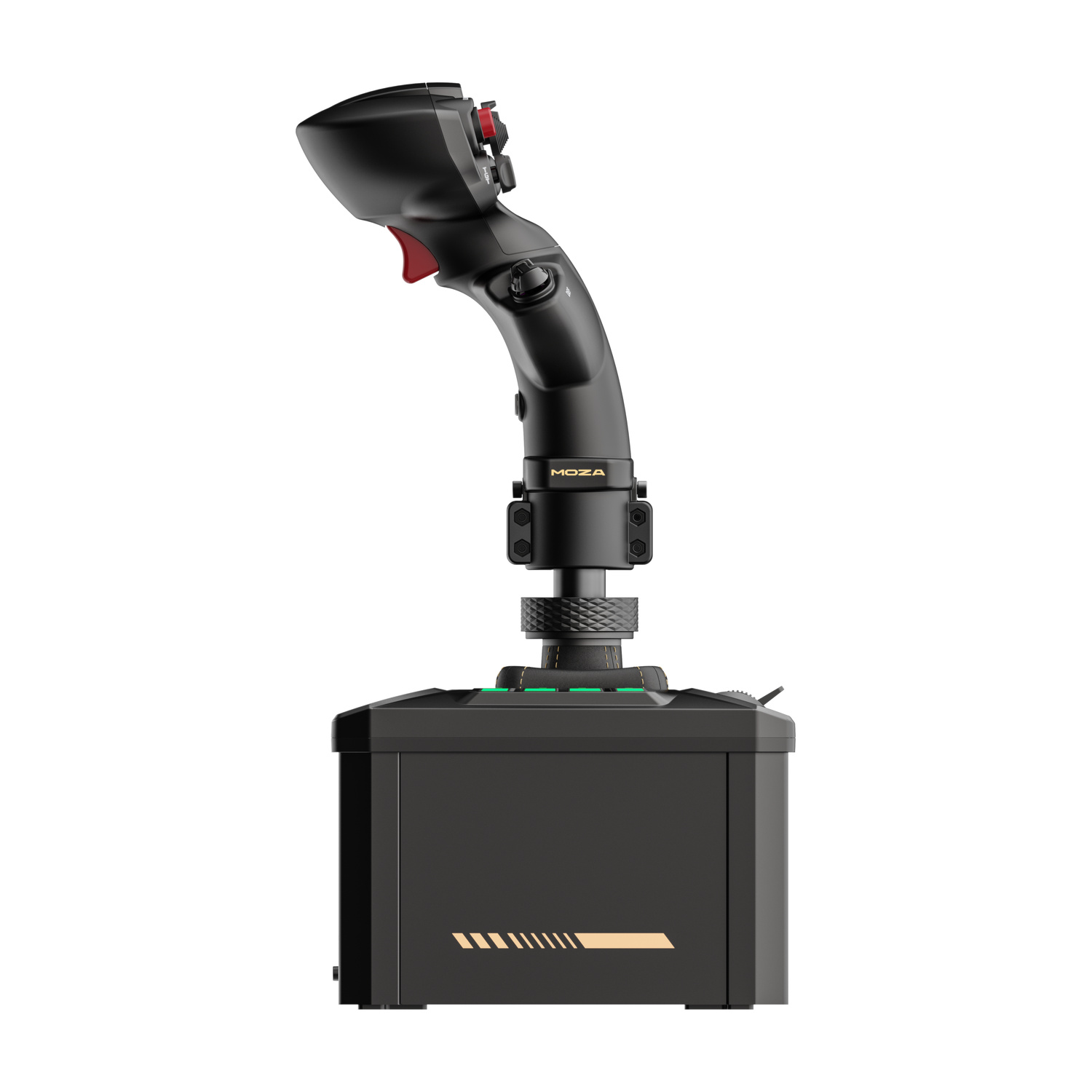 Un joystick nero con grilletto rosso su sfondo bianco.