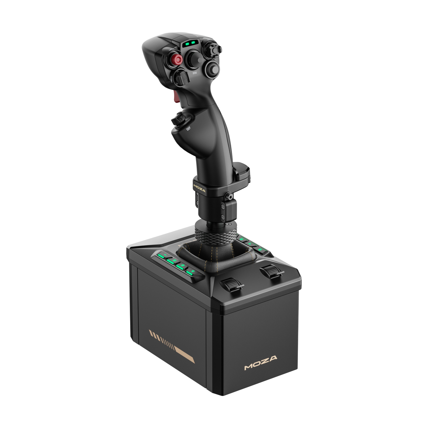 Un joystick nero per simulatore di volo con molti pulsanti e una base con luci verdi.