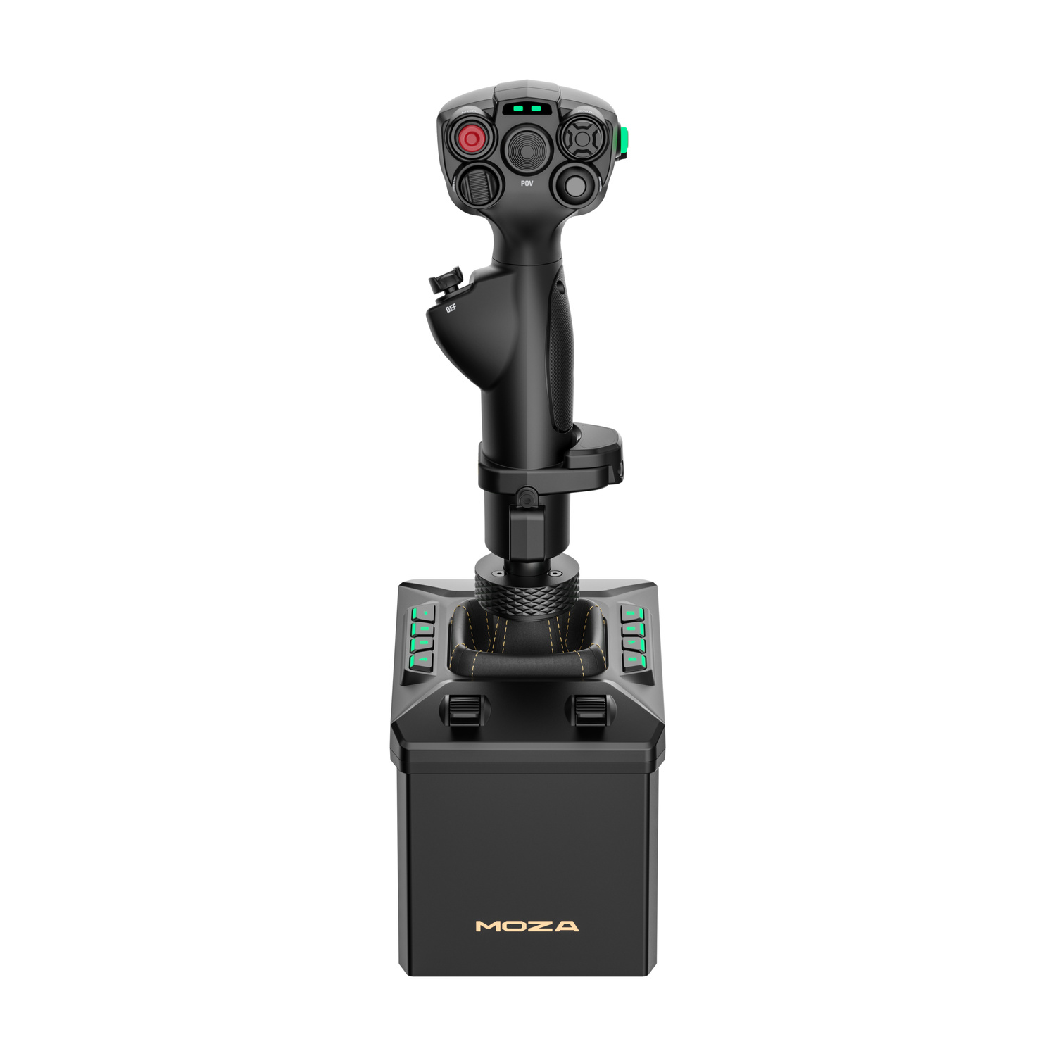 Un joystick da gioco nero con molti pulsanti e un pulsante rosso.