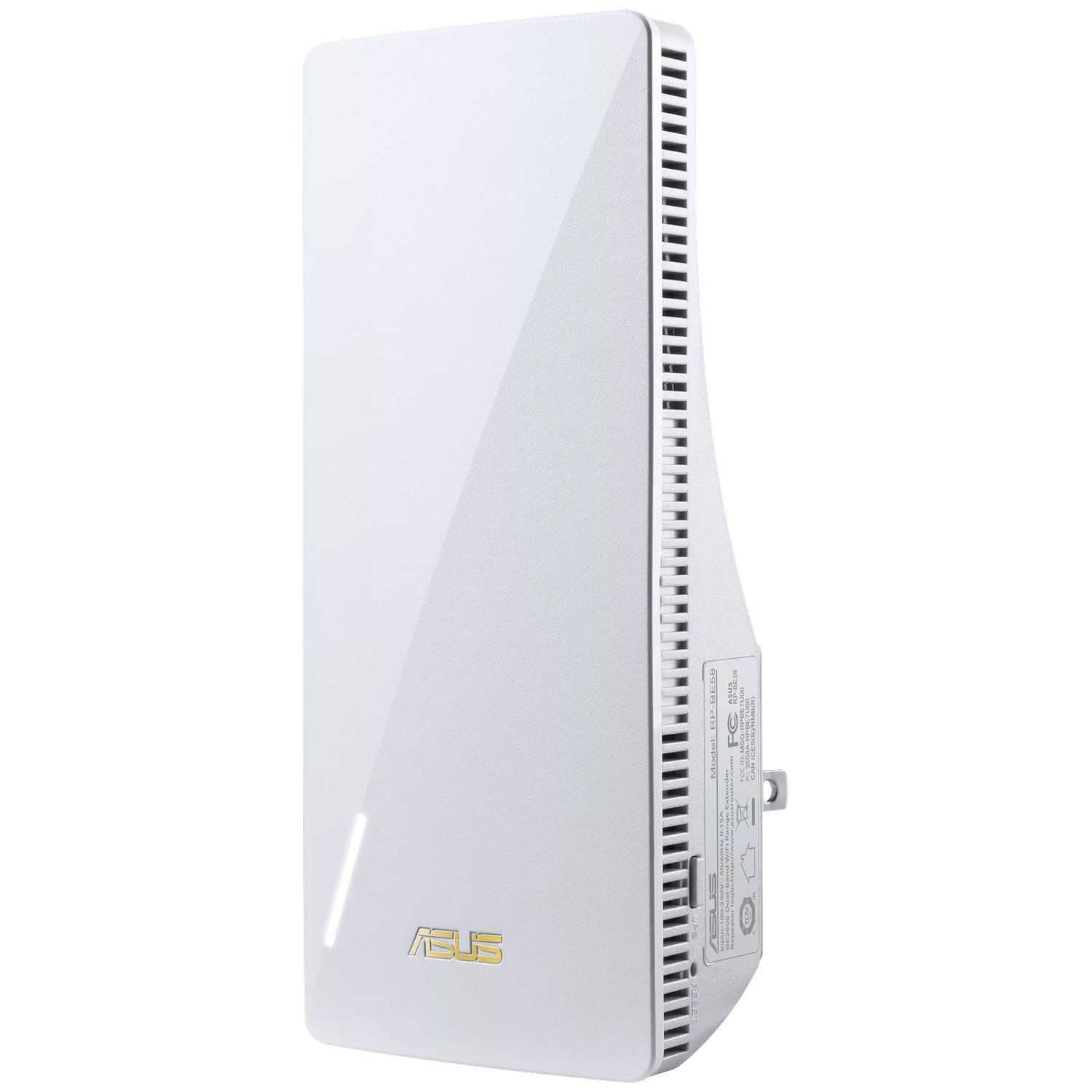 A white Asus RP-BE58 WiFi extender with a gold logo on a black background.