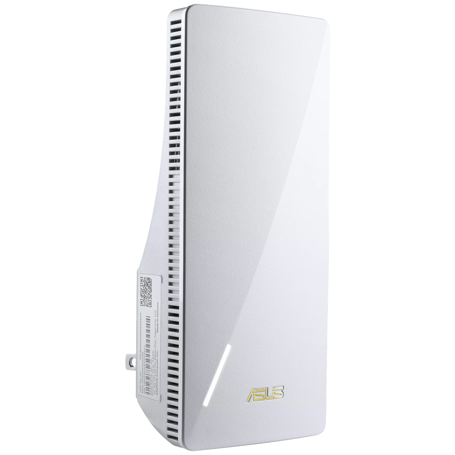 A white ASUS Wi-Fi repeater with vents and a gold logo.